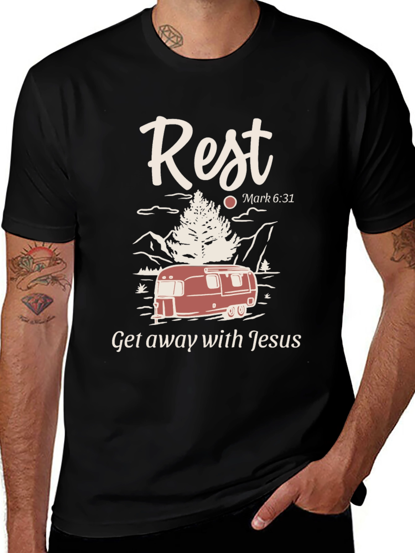 Variant 7 of Rest Getaway T-Shirt: Camping with Jesus Tee