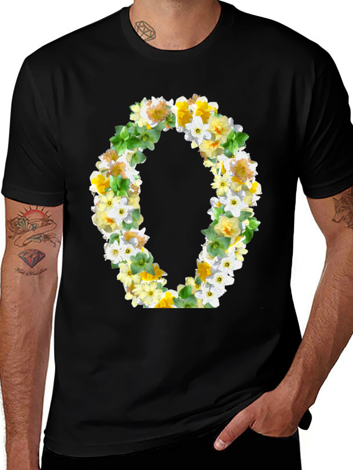 Floral Letter 'O' Black T-Shirt