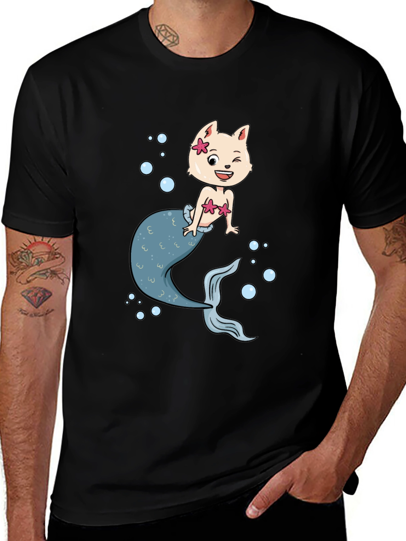 Variant 18 of Mermaid Cat Graphic Tee - Black