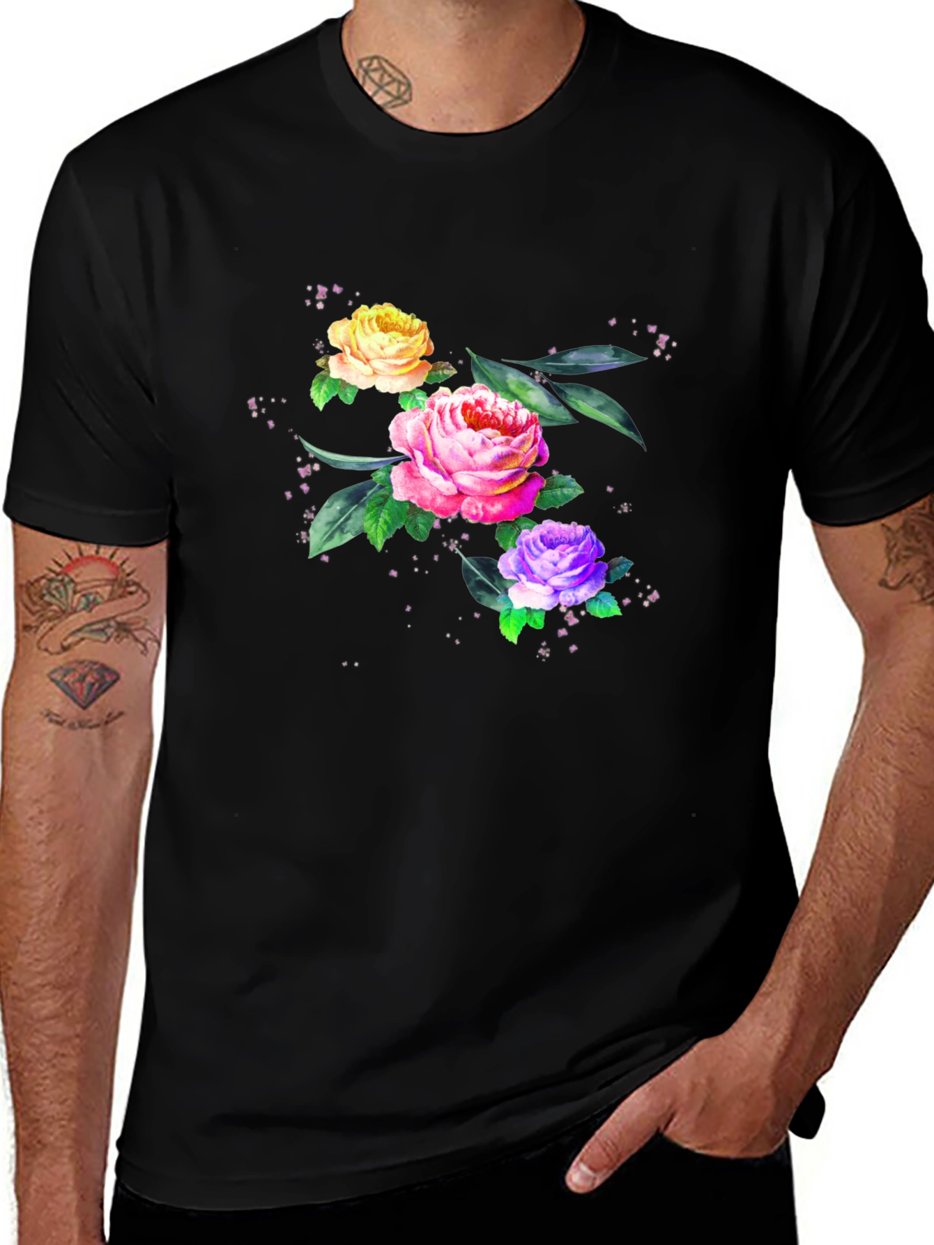 Variant 17 of Floral Roses Graphic Print Tee - Black