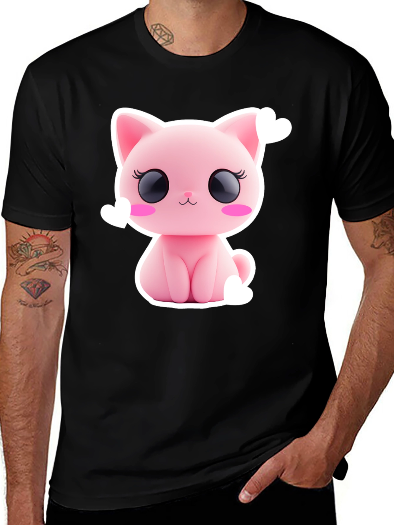 Variant 9 of Cute Pink Kitty Graphic Tee - Black