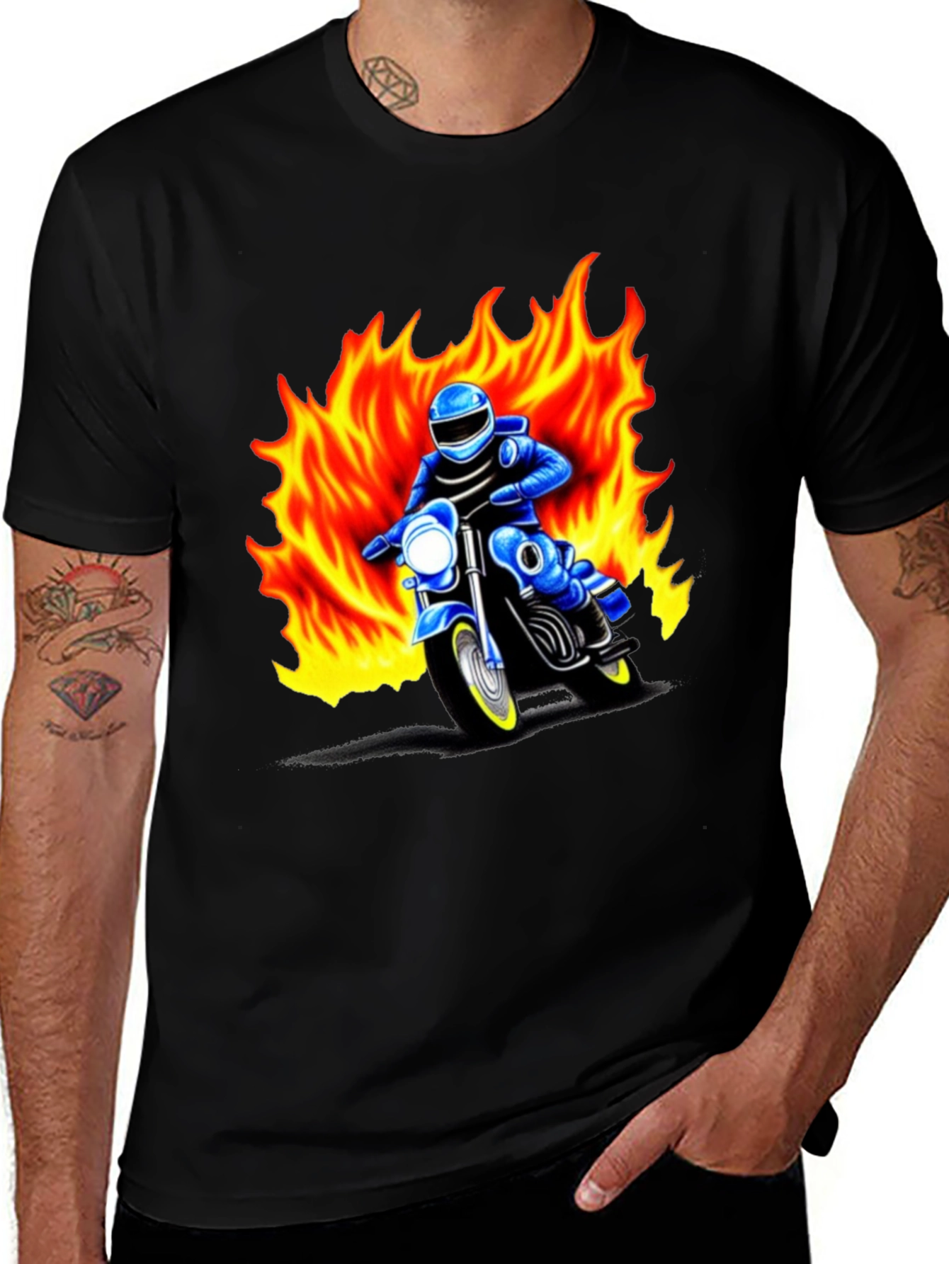 Black Men's Graphic T-Shirt - Motorcycle Rider in Flames main image