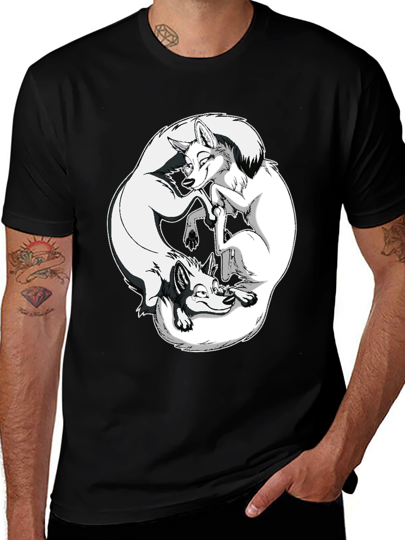 Variant 20 of Yin Yang Foxes Graphic Tee - Black
