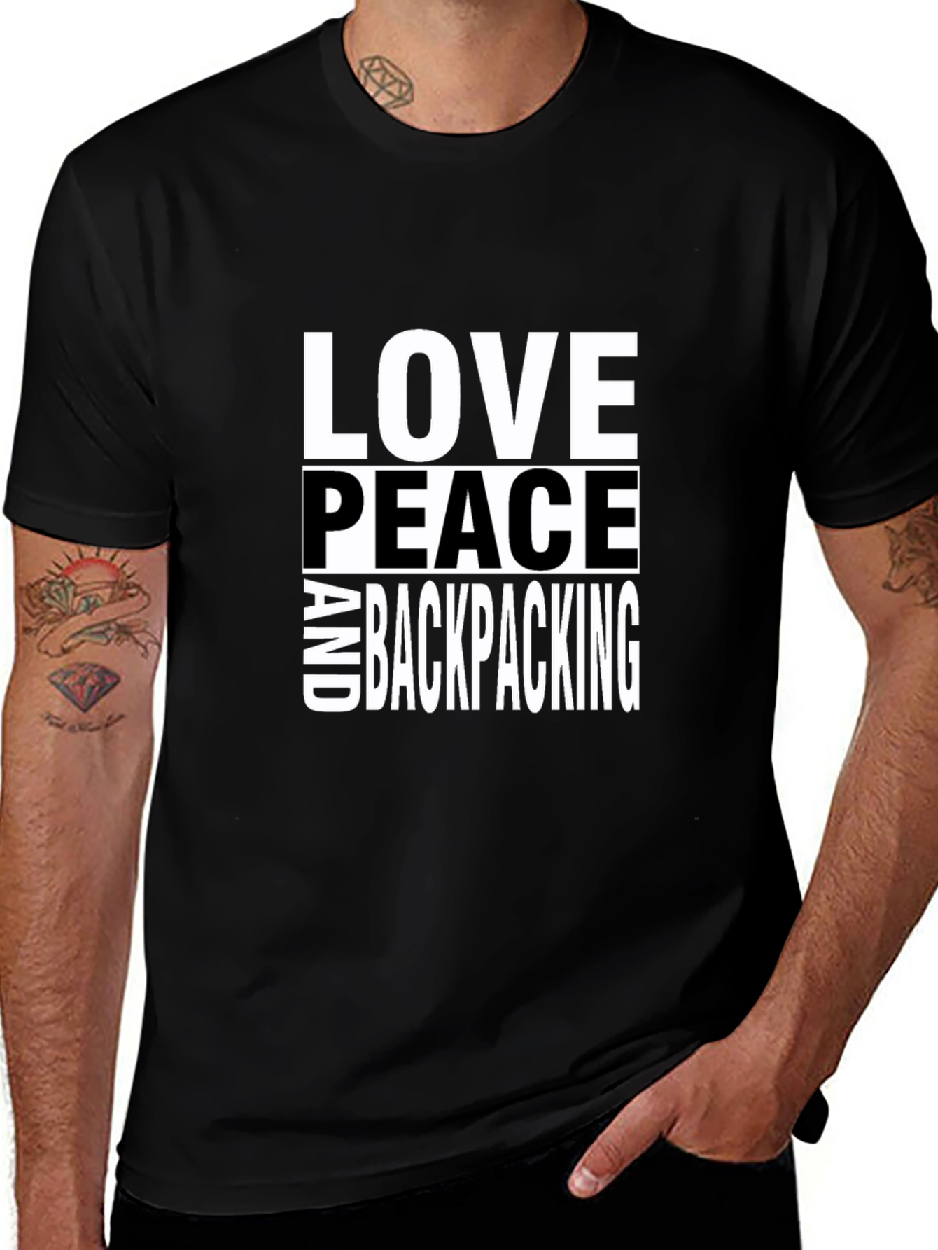 Variant 20 of Love Peace Backpacking Graphic Tee - Black