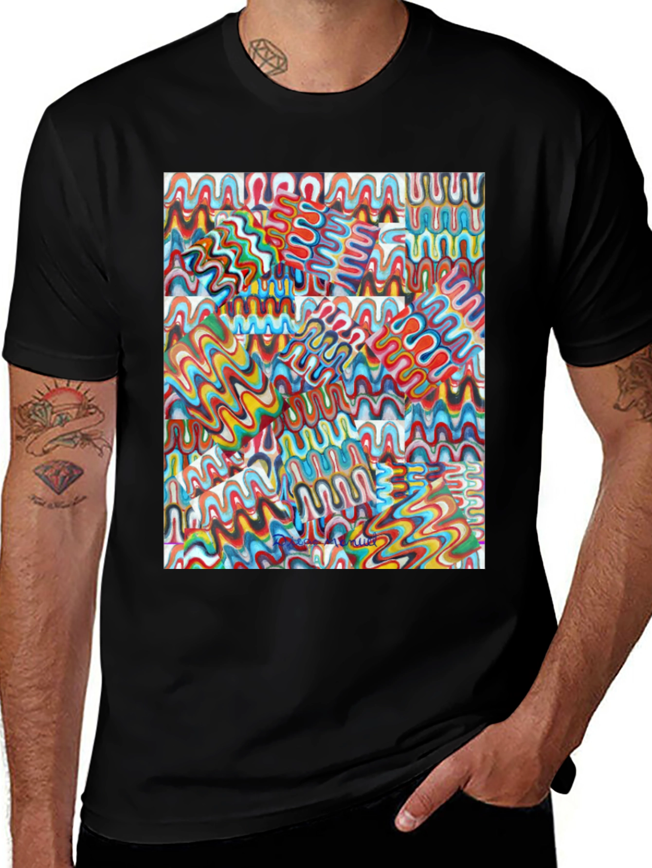 Variant 20 of Abstract Wavy Lines Graphic Print Black T-Shirt