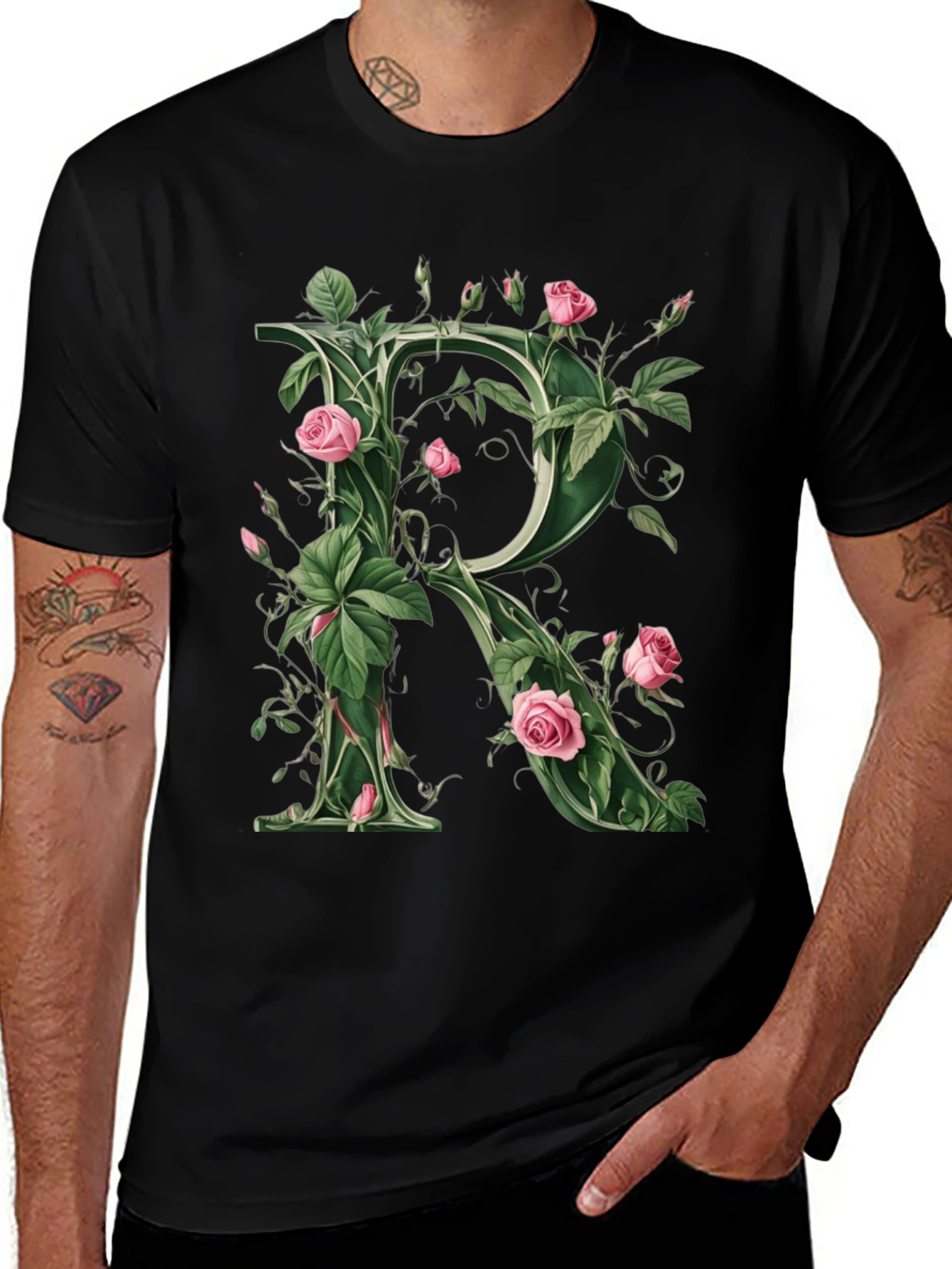 Variant 24 of Floral Letter R Graphic T-Shirt - Unique Botanical Design