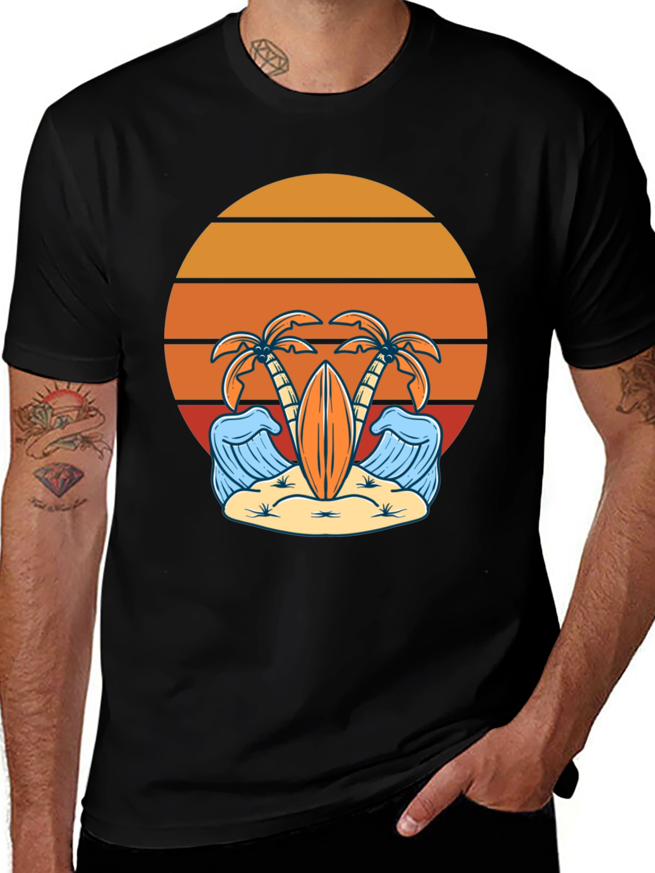 Variant 13 of Retro Beach Vibes T-Shirt - Palm Trees & Surfboard