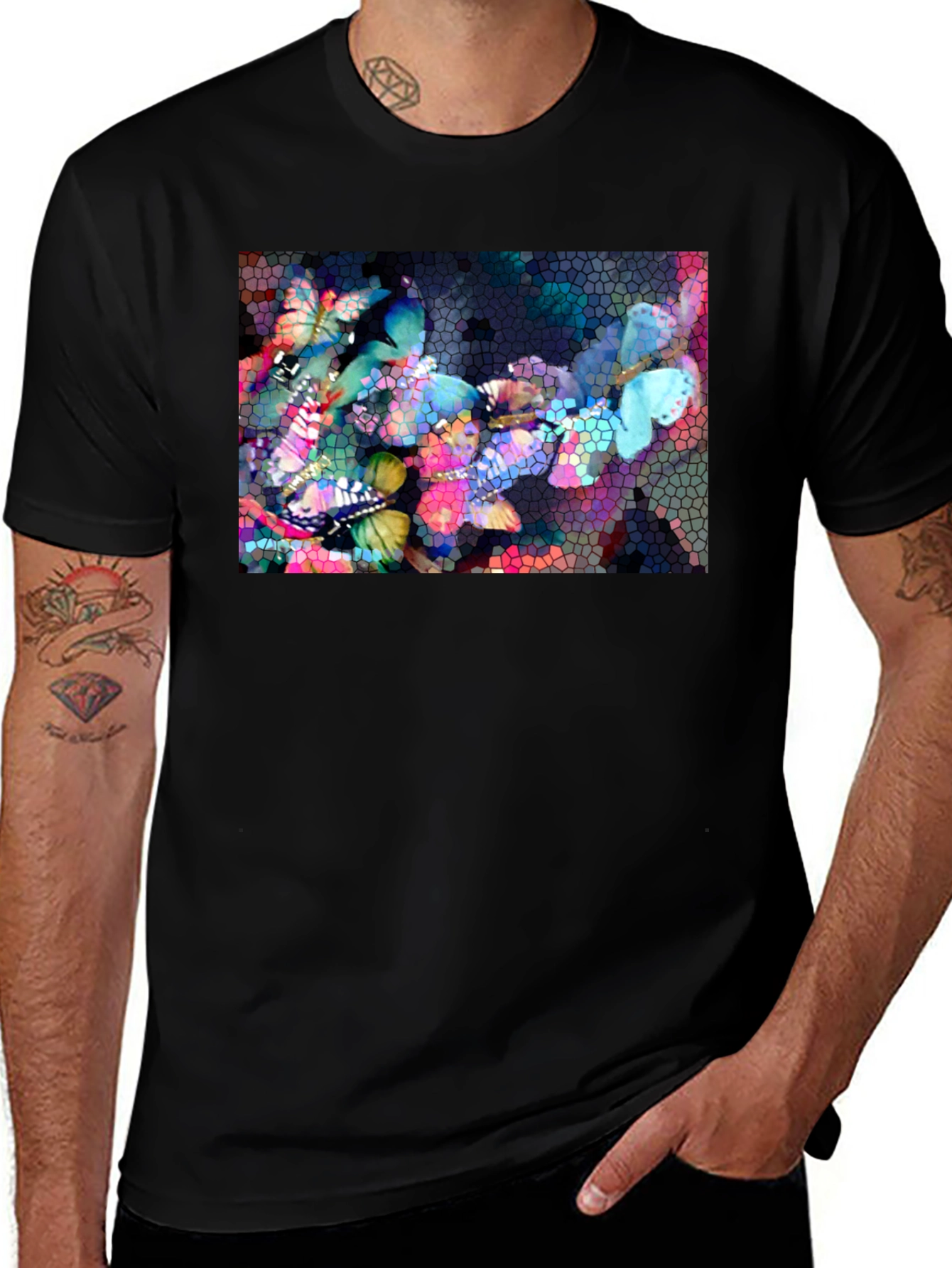 Variant 12 of Butterfly Mosaic Graphic Tee - Stylish Black T-Shirt