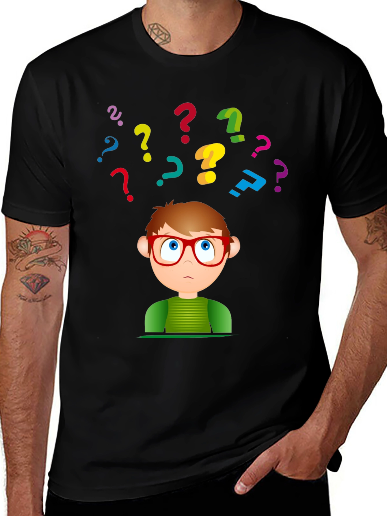 Variant 4 of Cartoon Boy with Question Marks Graphic T-Shirt