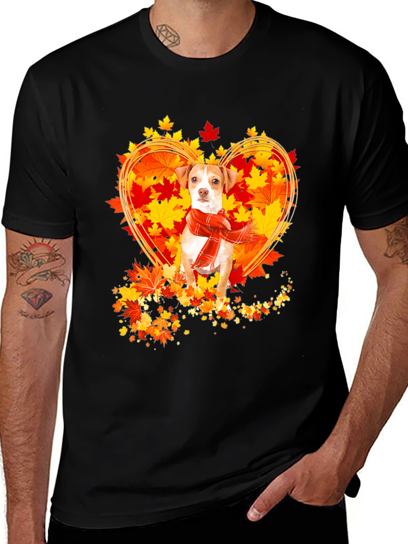 Dog in Fall Leaves Heart T-Shirt