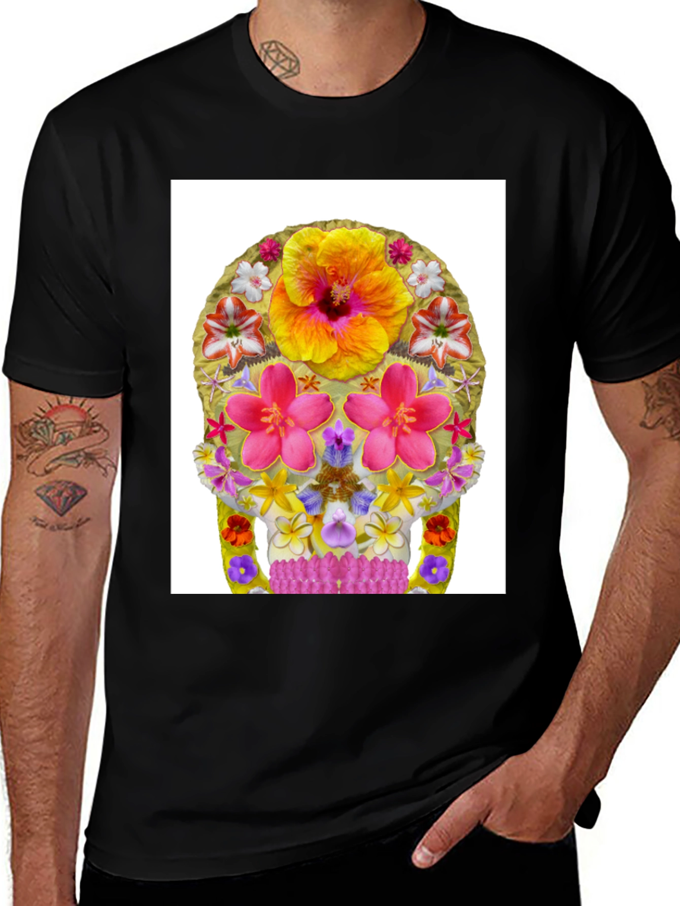Variant 8 of Floral Skull Graphic Tee - Men's Black T-Shirt