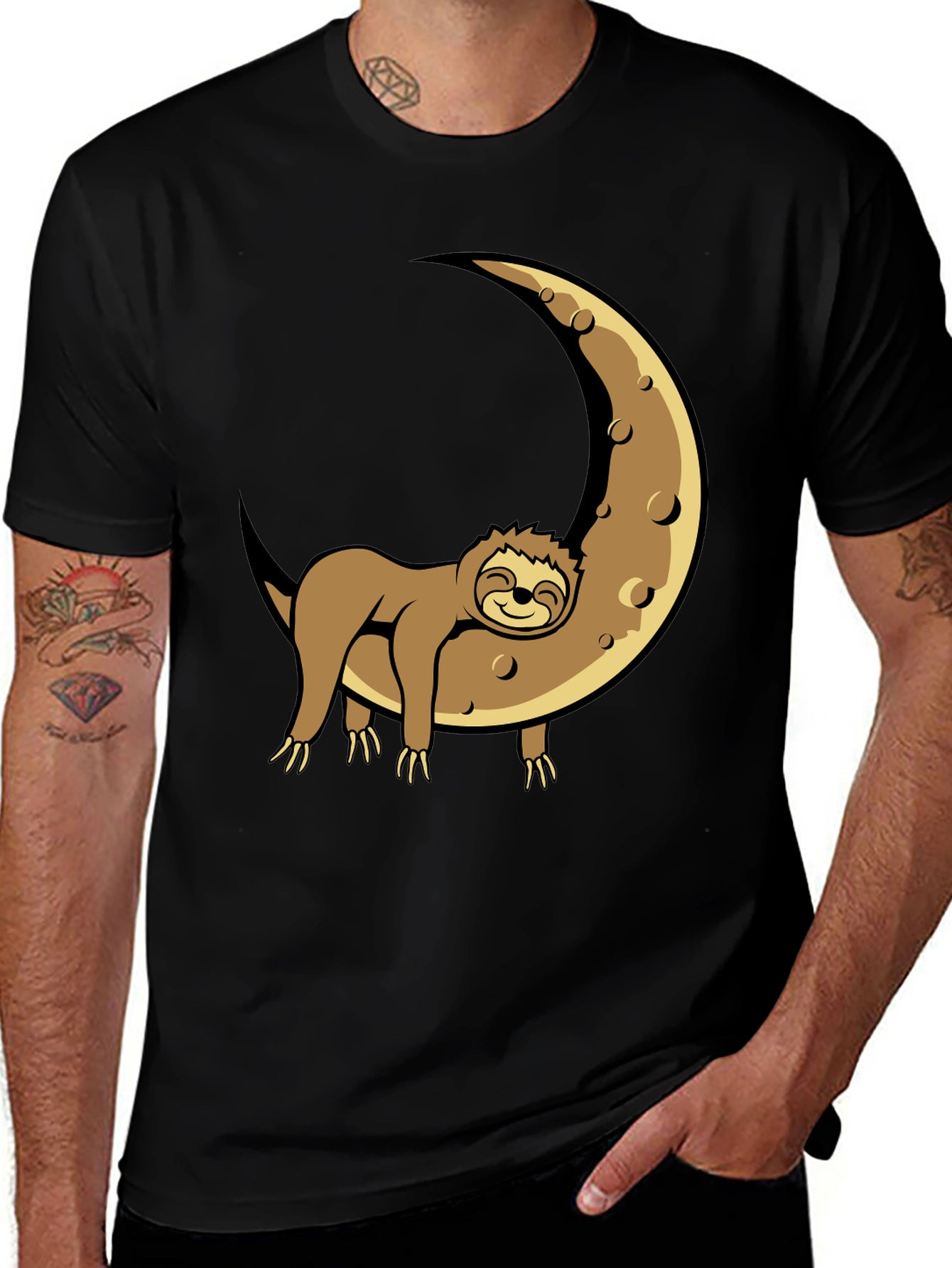 Variant 30 of Sloth on Moon Graphic Tee - Men's Black T-Shirt