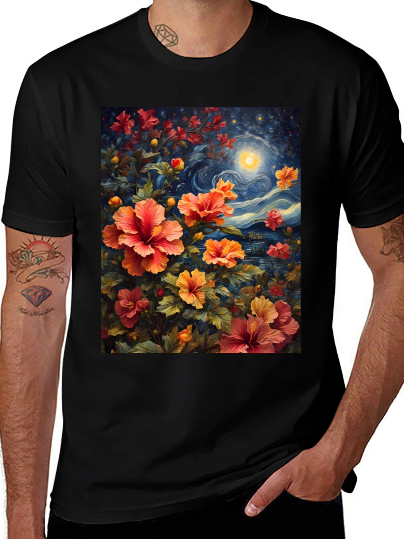 Variant 21 of Floral Night Sky T-Shirt - Artistic Graphic Tee