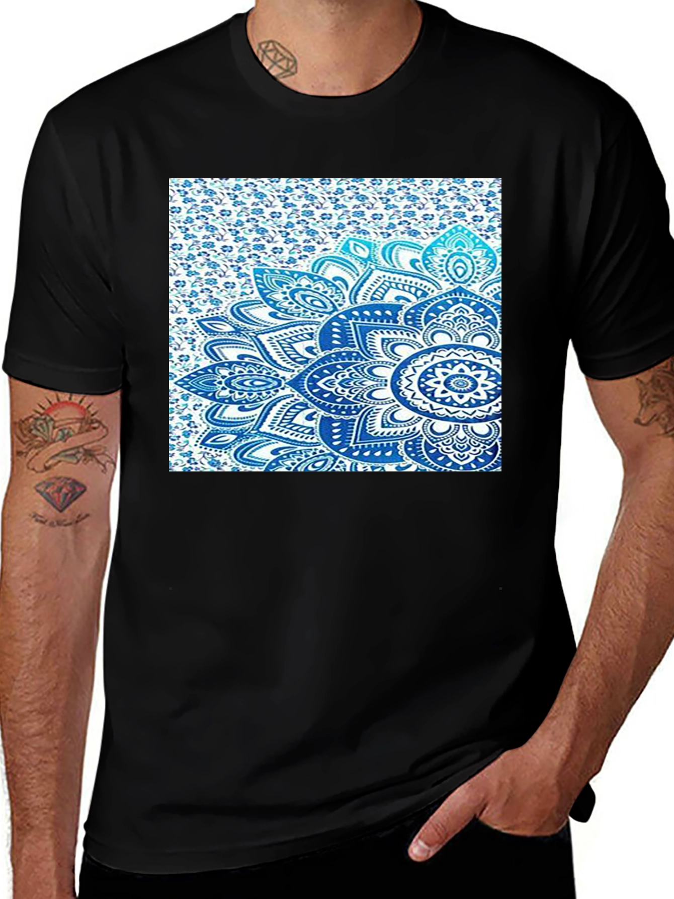 Men's Black Tee with Blue Mandala Print