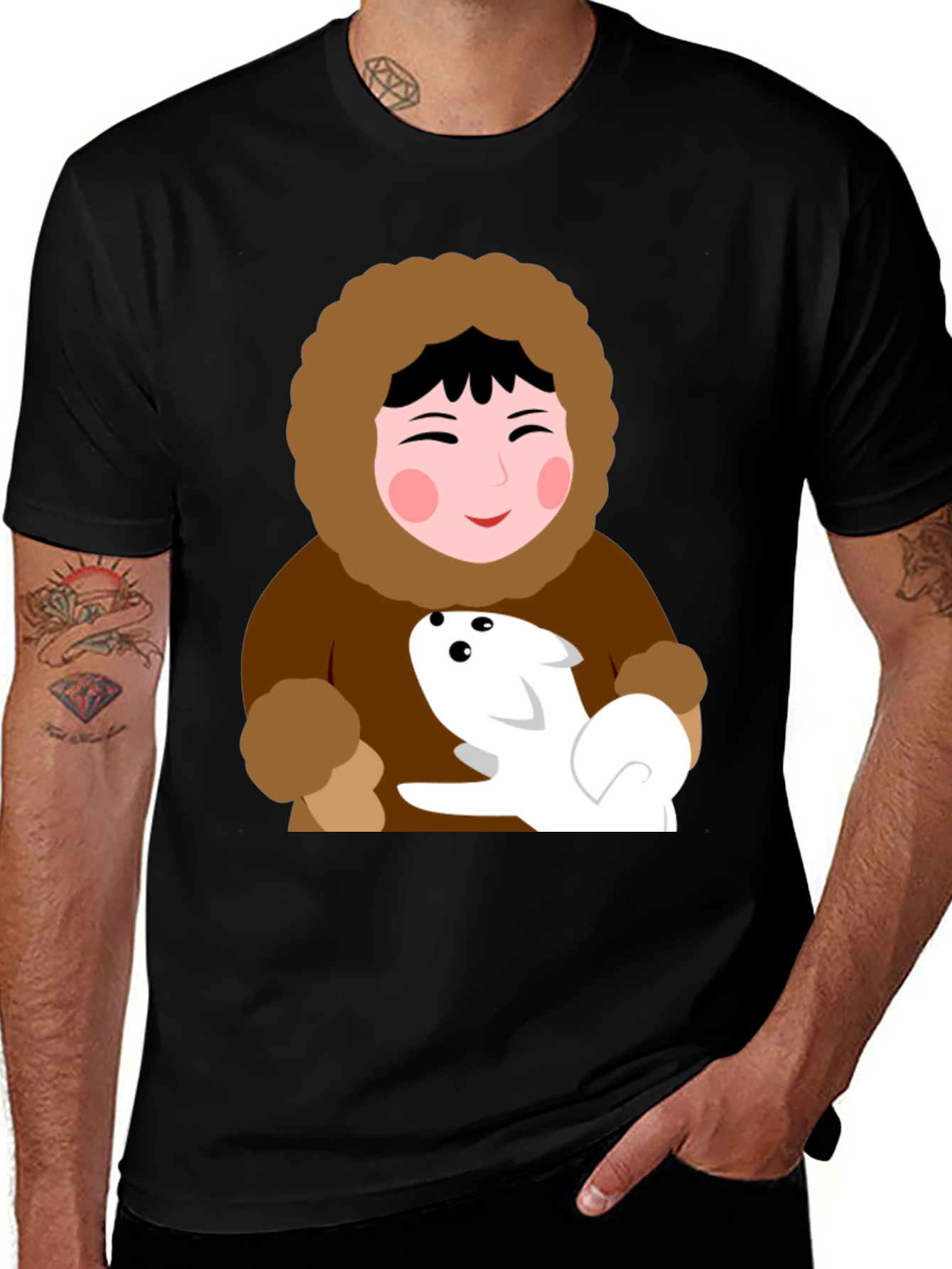 Variant 10 of Cartoon Eskimo & Dog Black T-Shirt