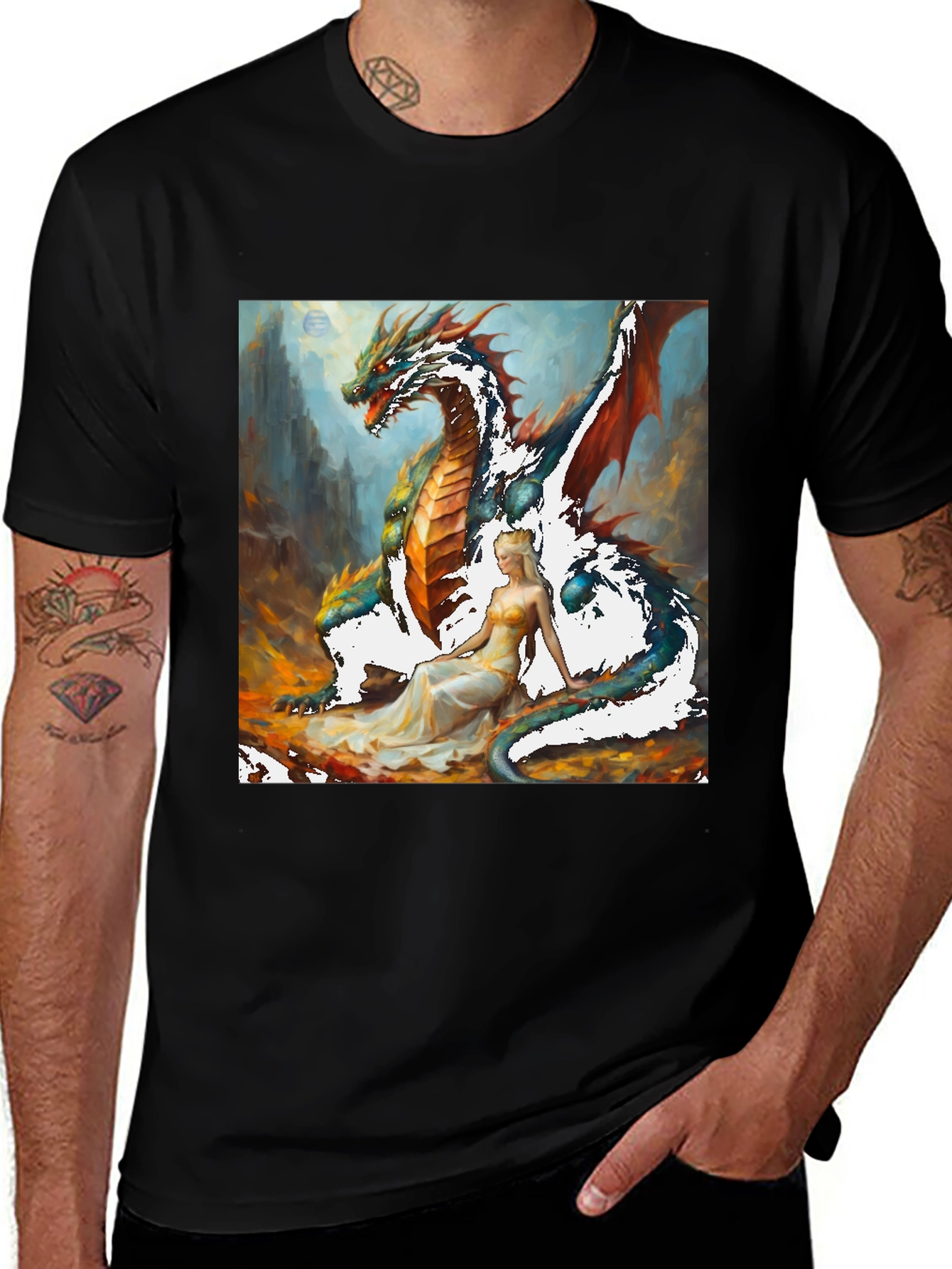 Variant 15 of Dragon & Maiden Graphic T-Shirt - Fantasy Art Tee