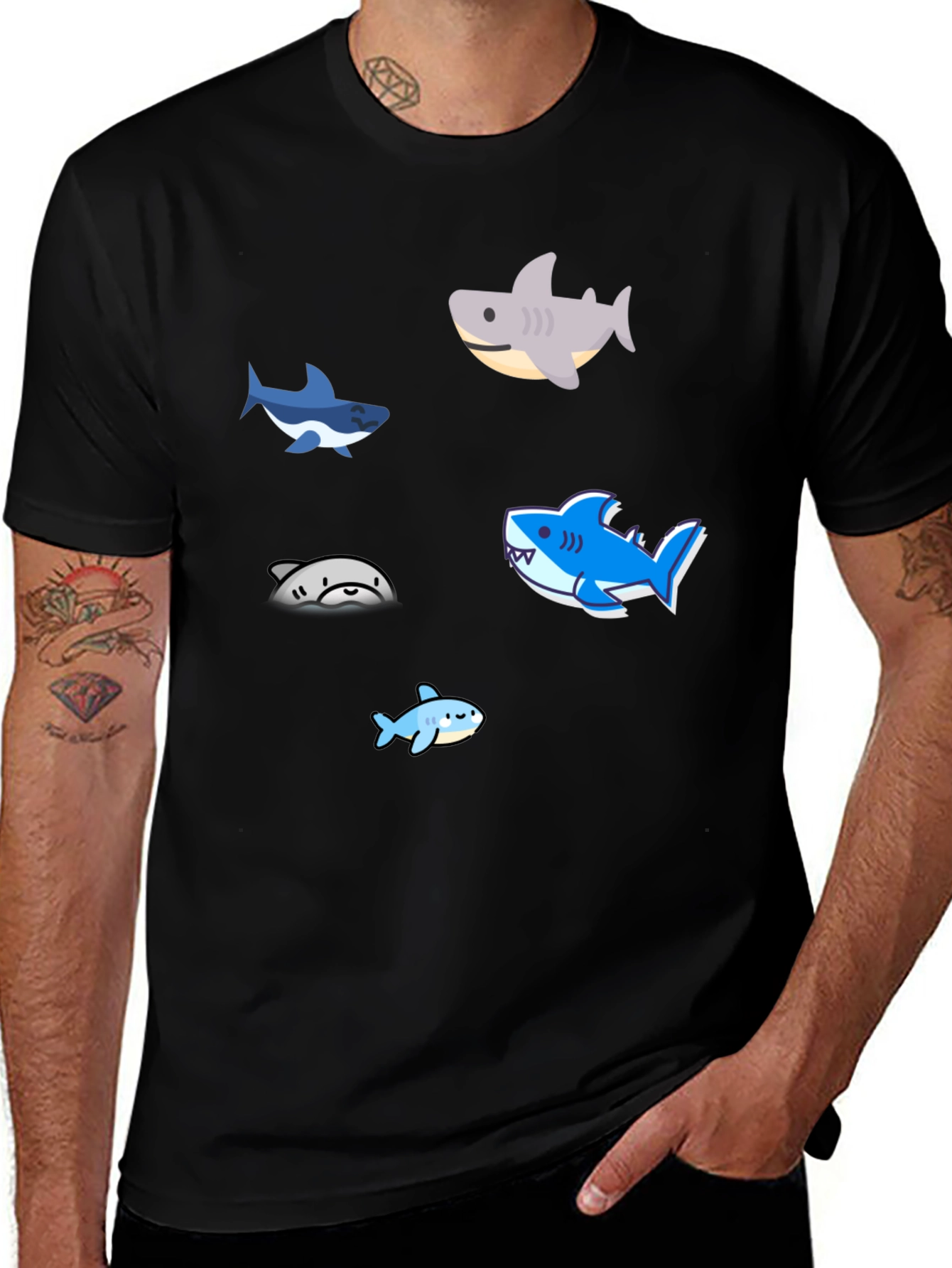 Variant 23 of Shark Pattern Black T-Shirt - Fun Casual Wear