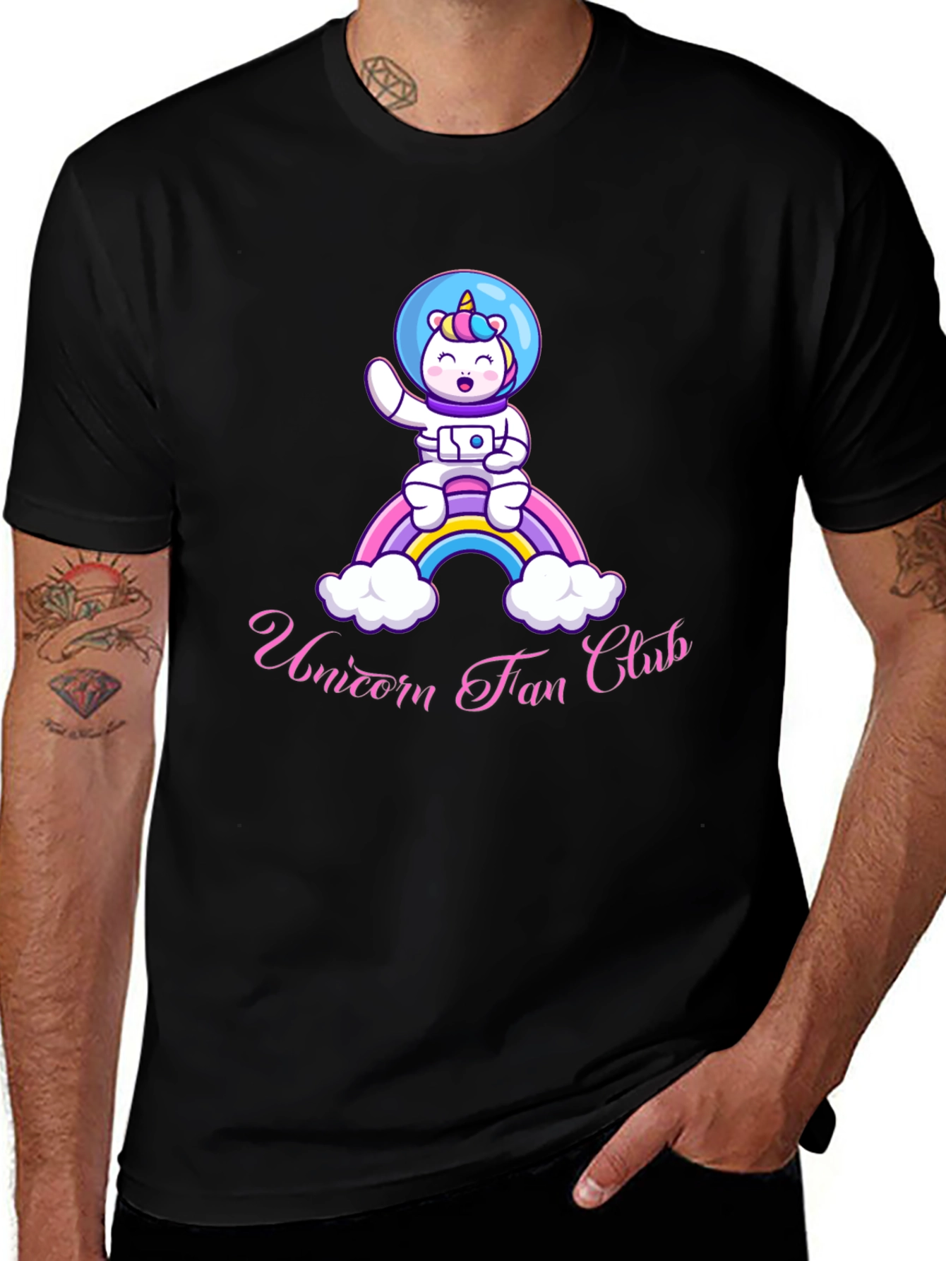 Variant 15 of Unicorn Fan Club Black T-Shirt Cute Astronaut Design