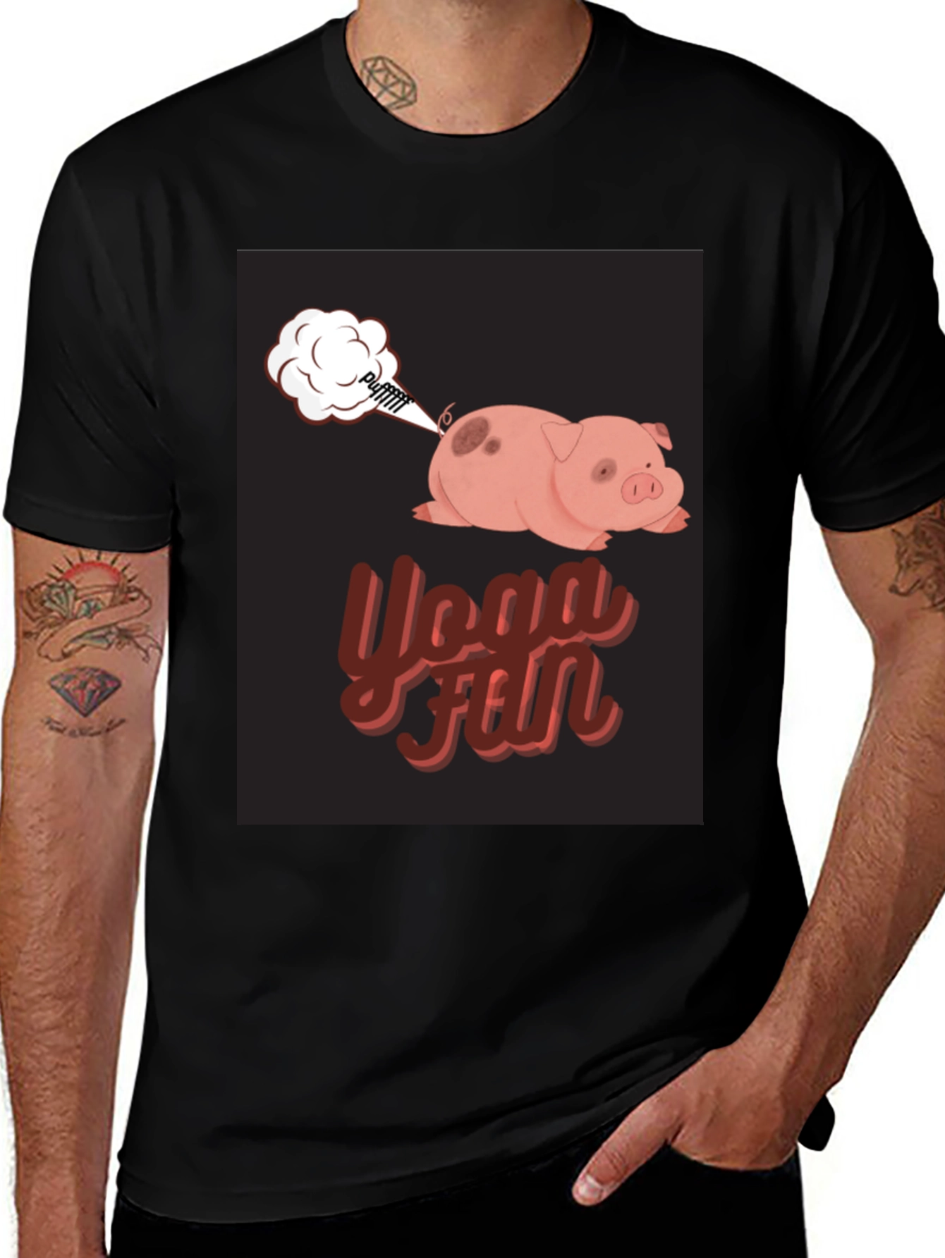Variant 3 of Yoga Fun Pig Graphic Tee - Black Cotton T-Shirt