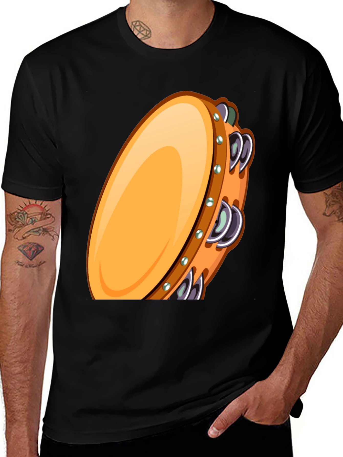 Variant 17 of Cartoon Tambourine Graphic Tee - Black Cotton Comfort