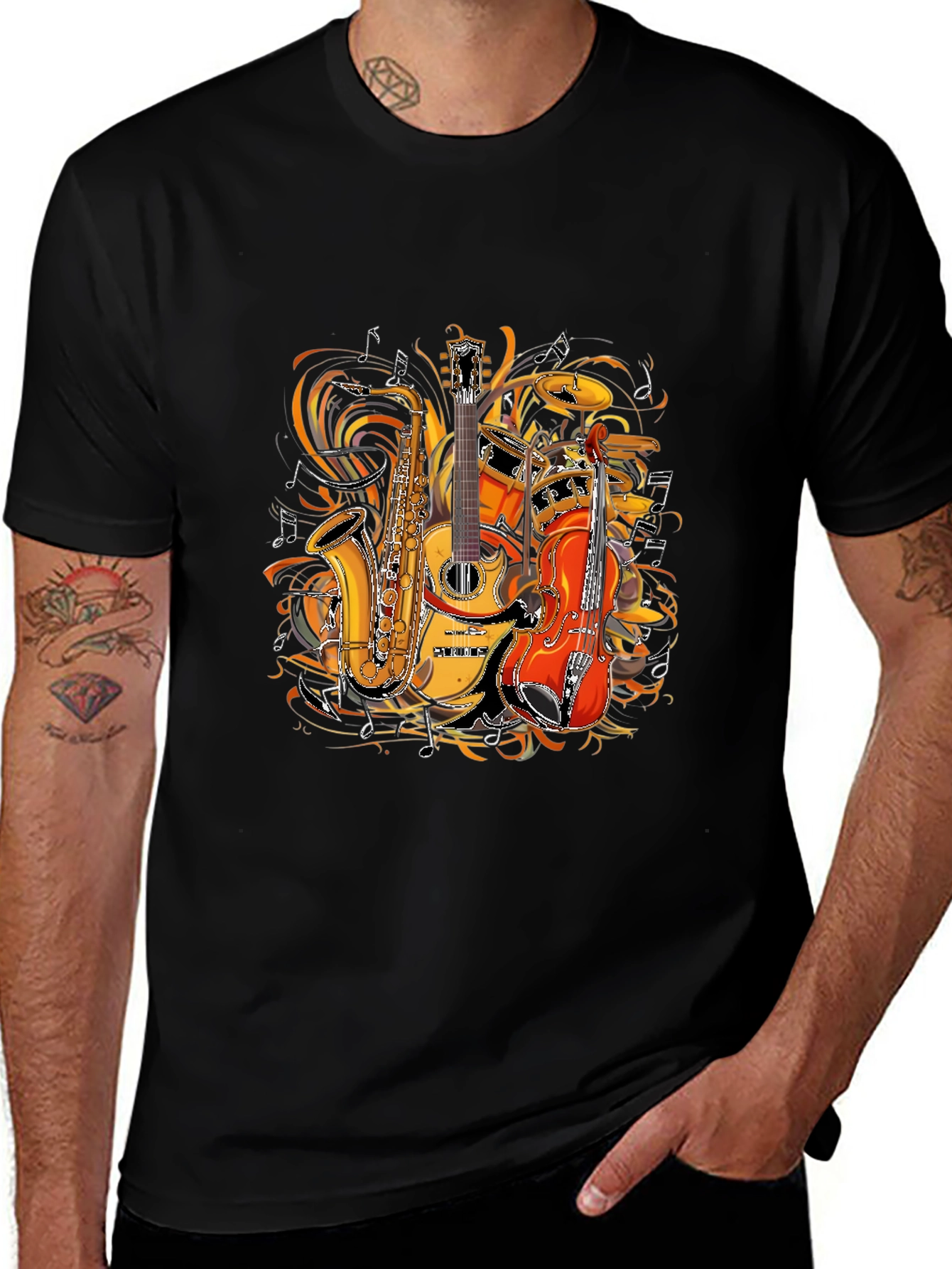 Variant 23 of Musical Instruments Graphic Tee - Saxophone, Guitar, Drums