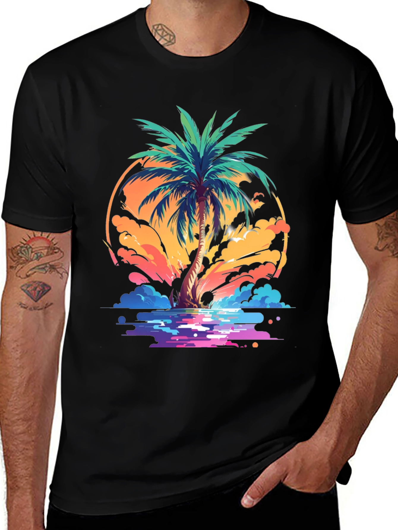Variant 26 of Tropical Palm Tee - Black Cotton Blend T-Shirt