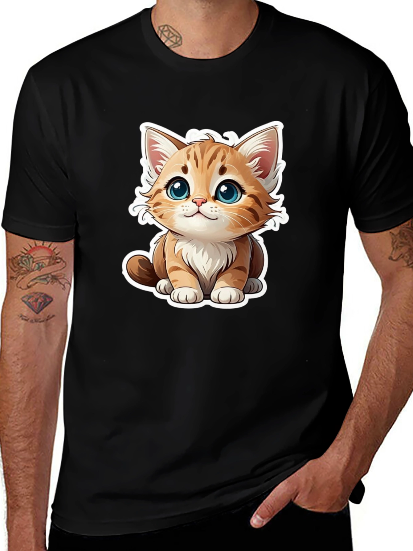 Variant 11 of Cute Cartoon Cat Graphic Tee - Black T-Shirt