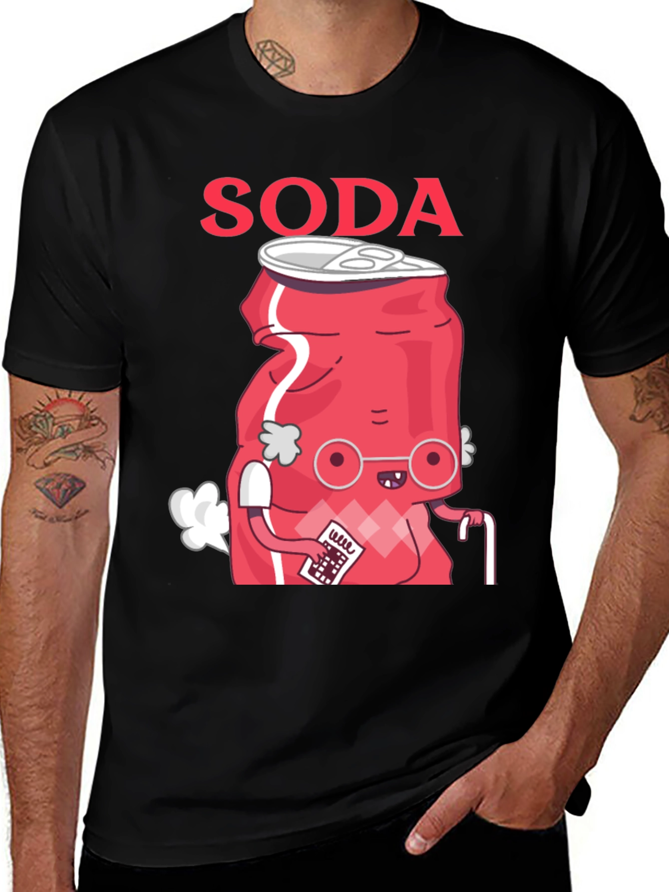 Variant 7 of Funny "Soda" Cartoon T-Shirt - Black Cotton Blend Tee