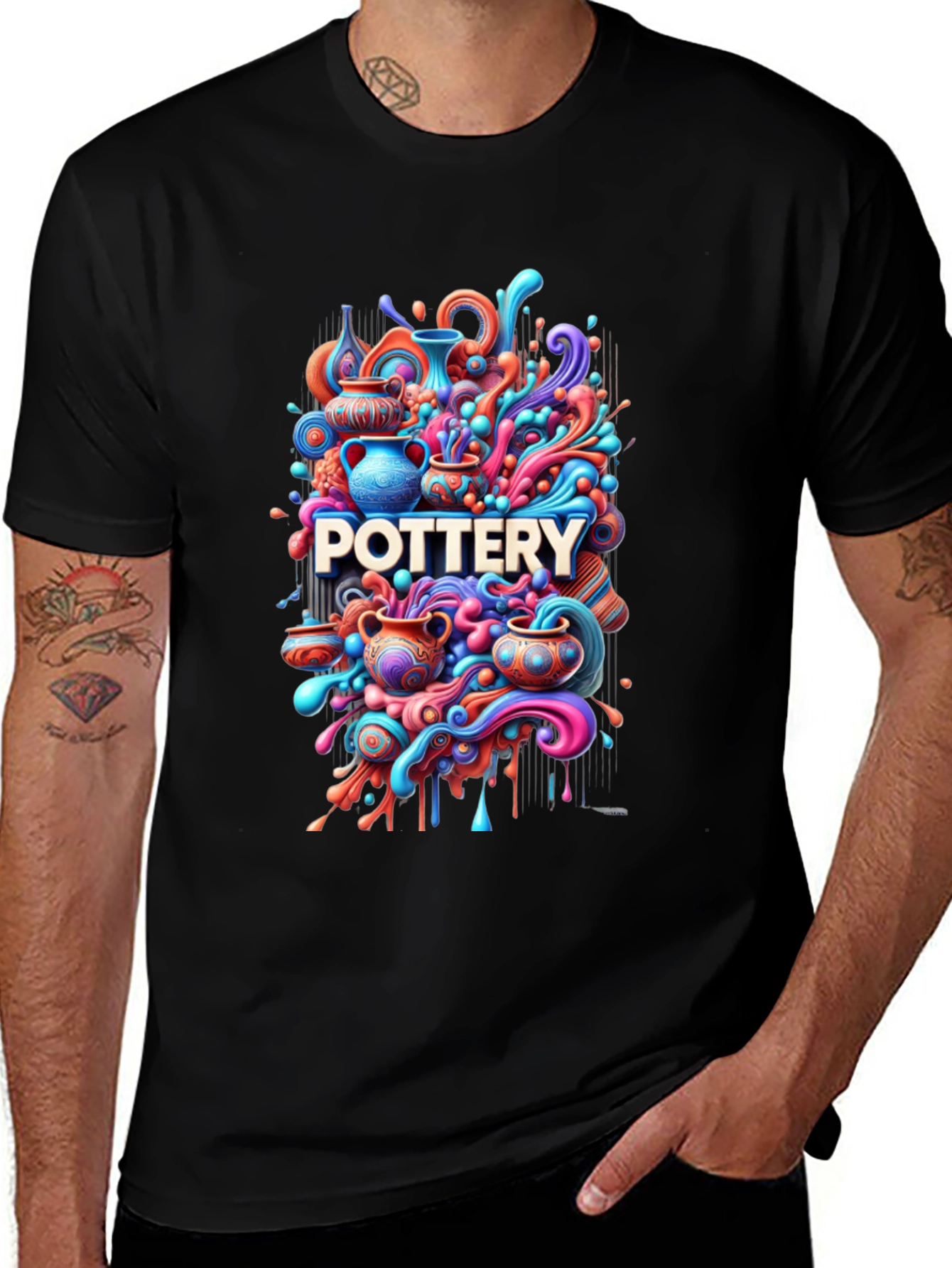 Variant 14 of Pottery Art Tee - Vibrant Design Black Cotton T-Shirt