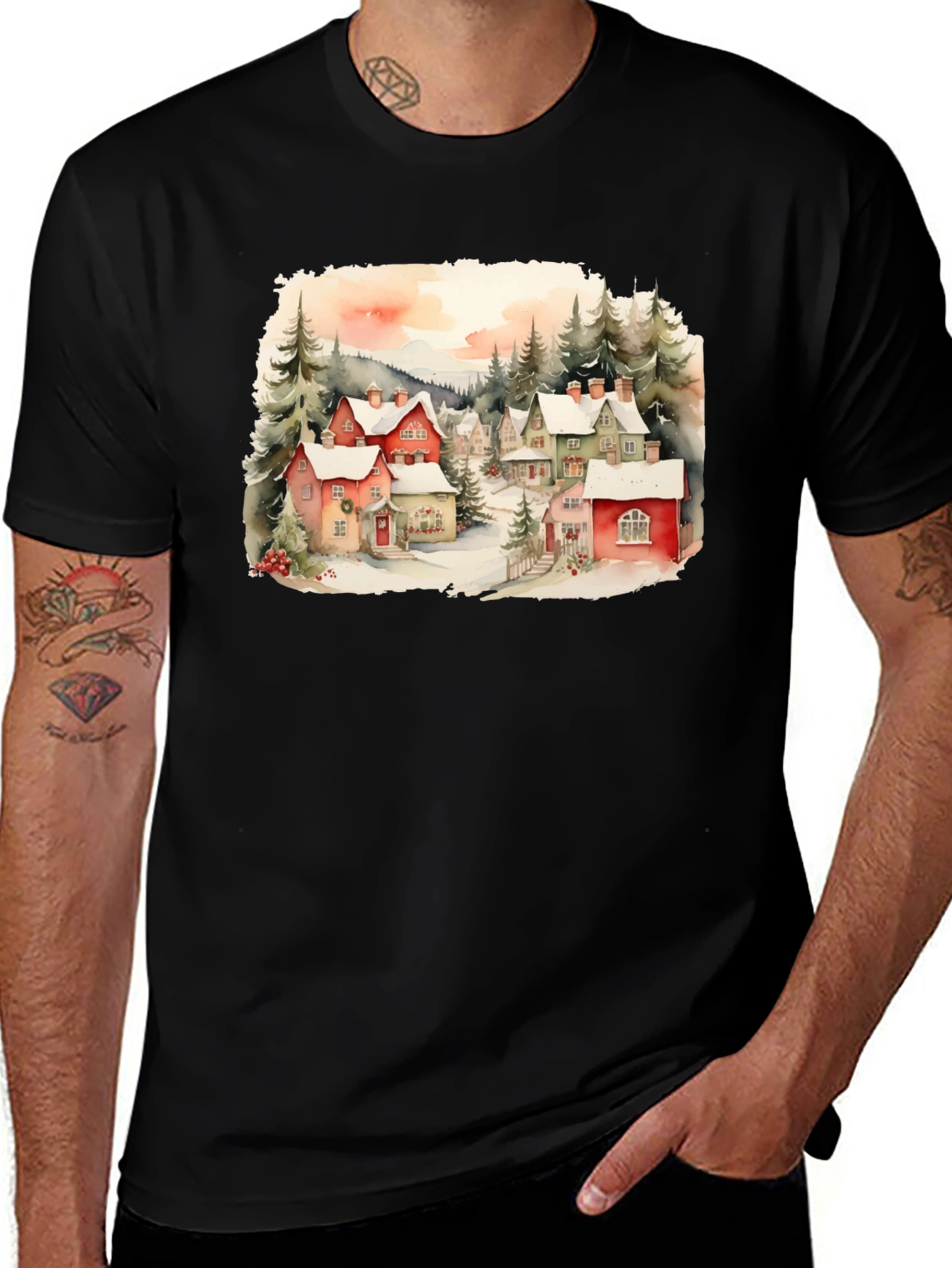 Black Watercolor Winter Village T-Shirt main image