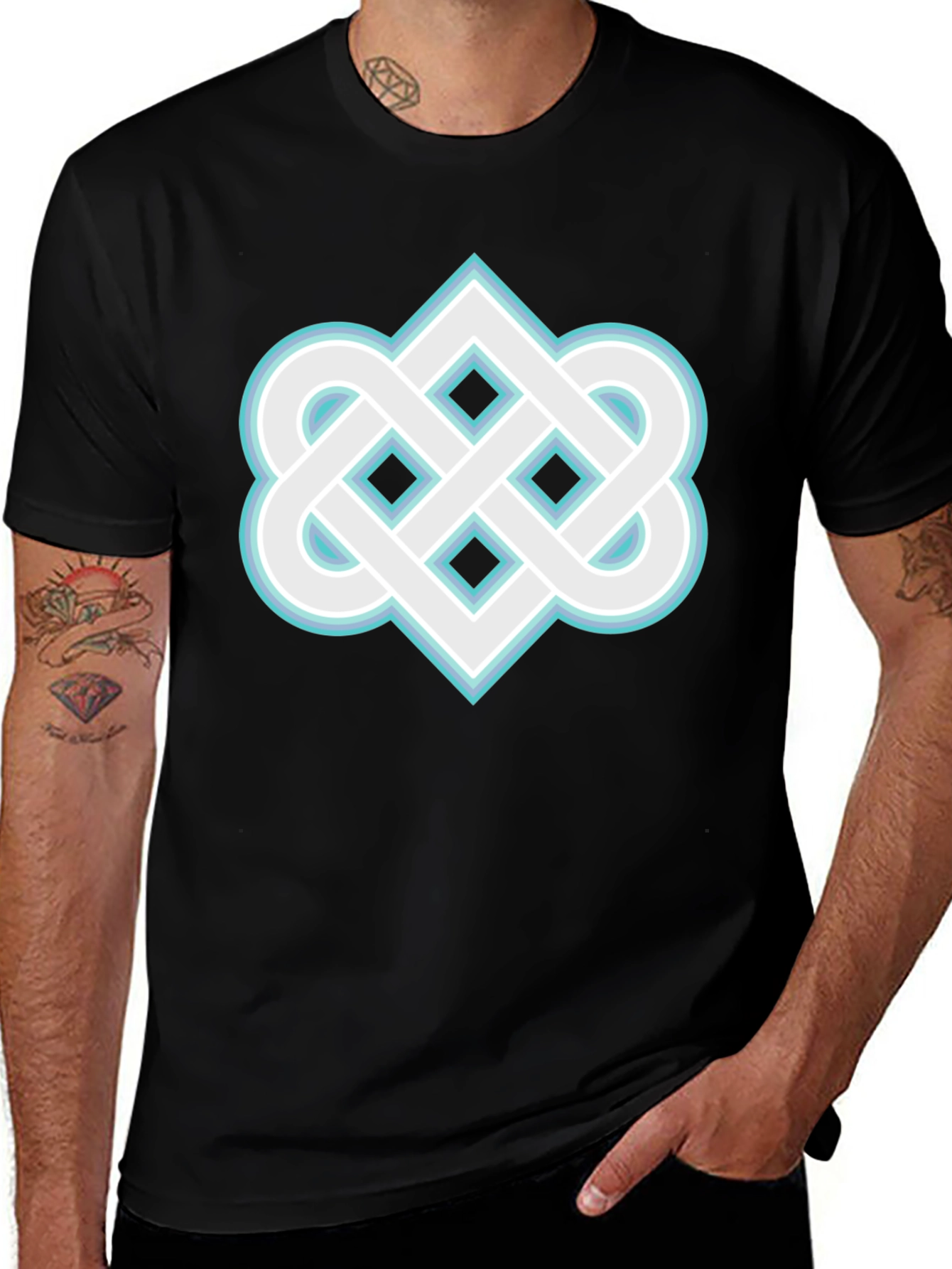 Variant 5 of Geometric Knot Graphic Tee - Black Cotton Blend Shirt