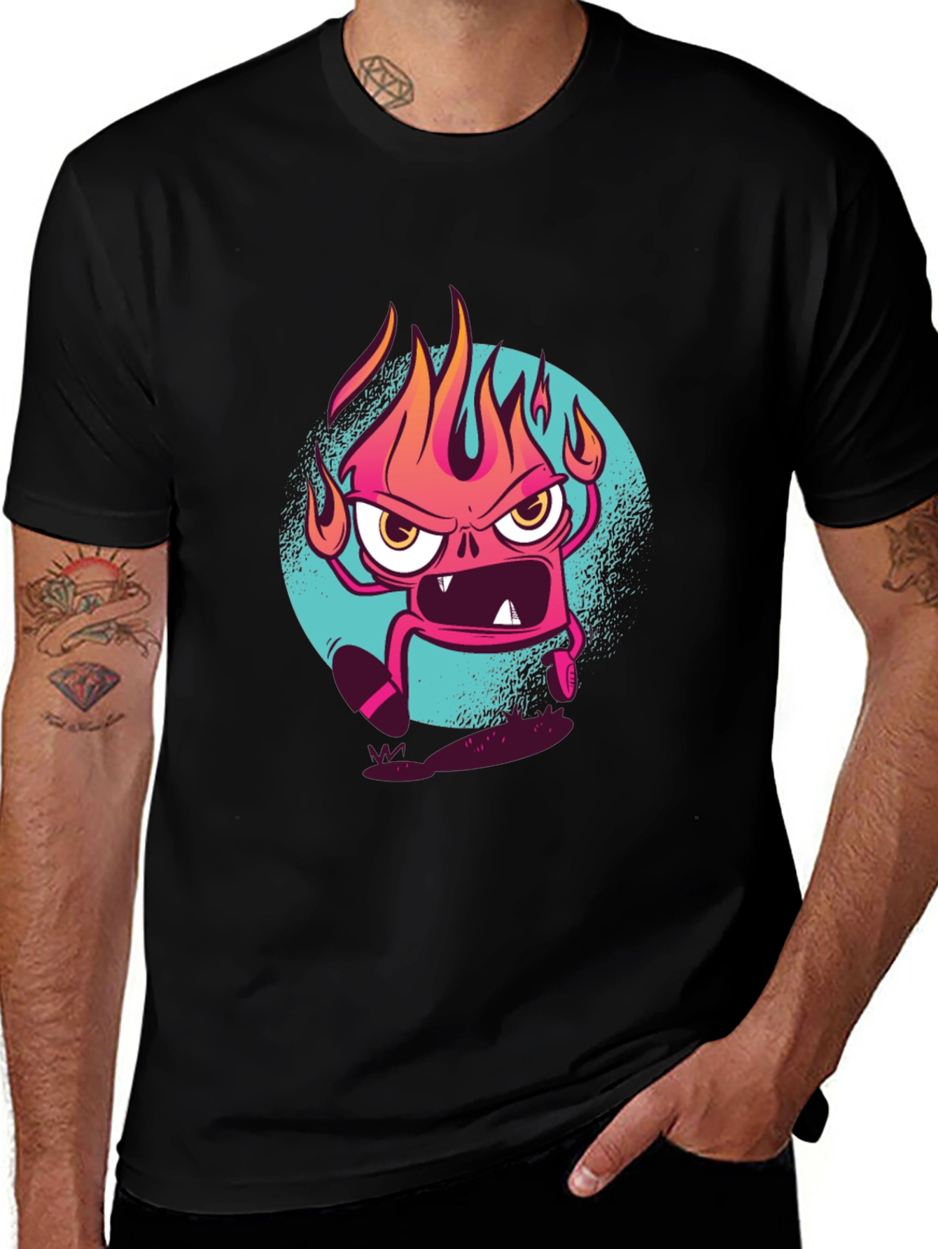 Variant 8 of Fiery Cartoon Monster Graphic Black T-Shirt