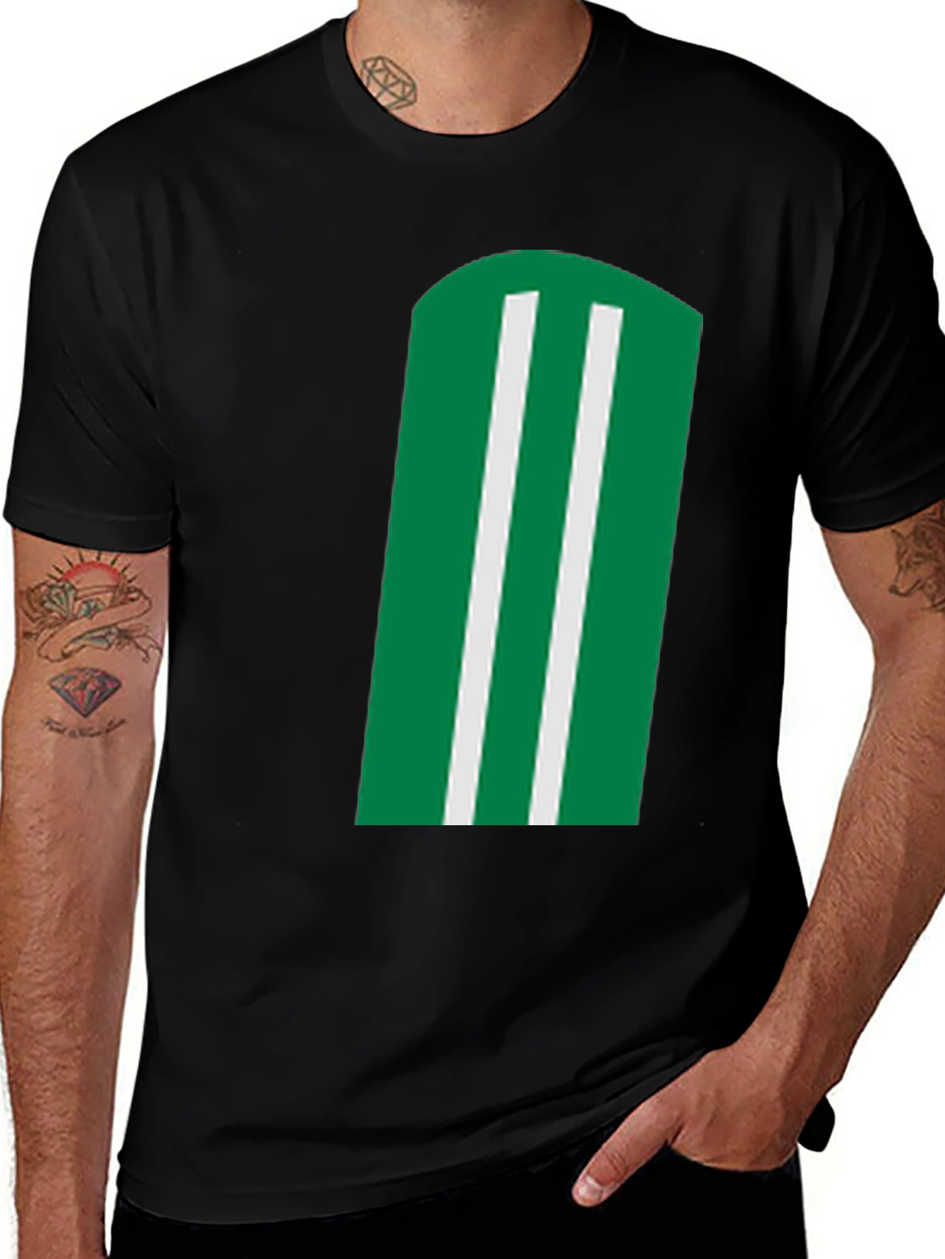Variant 29 of Green & White Striped Graphic Black T-Shirt
