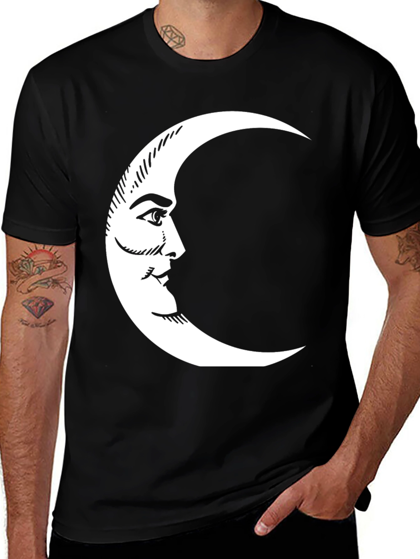 Variant 17 of Crescent Moon Face Graphic Tee - Black Cotton Casual Top