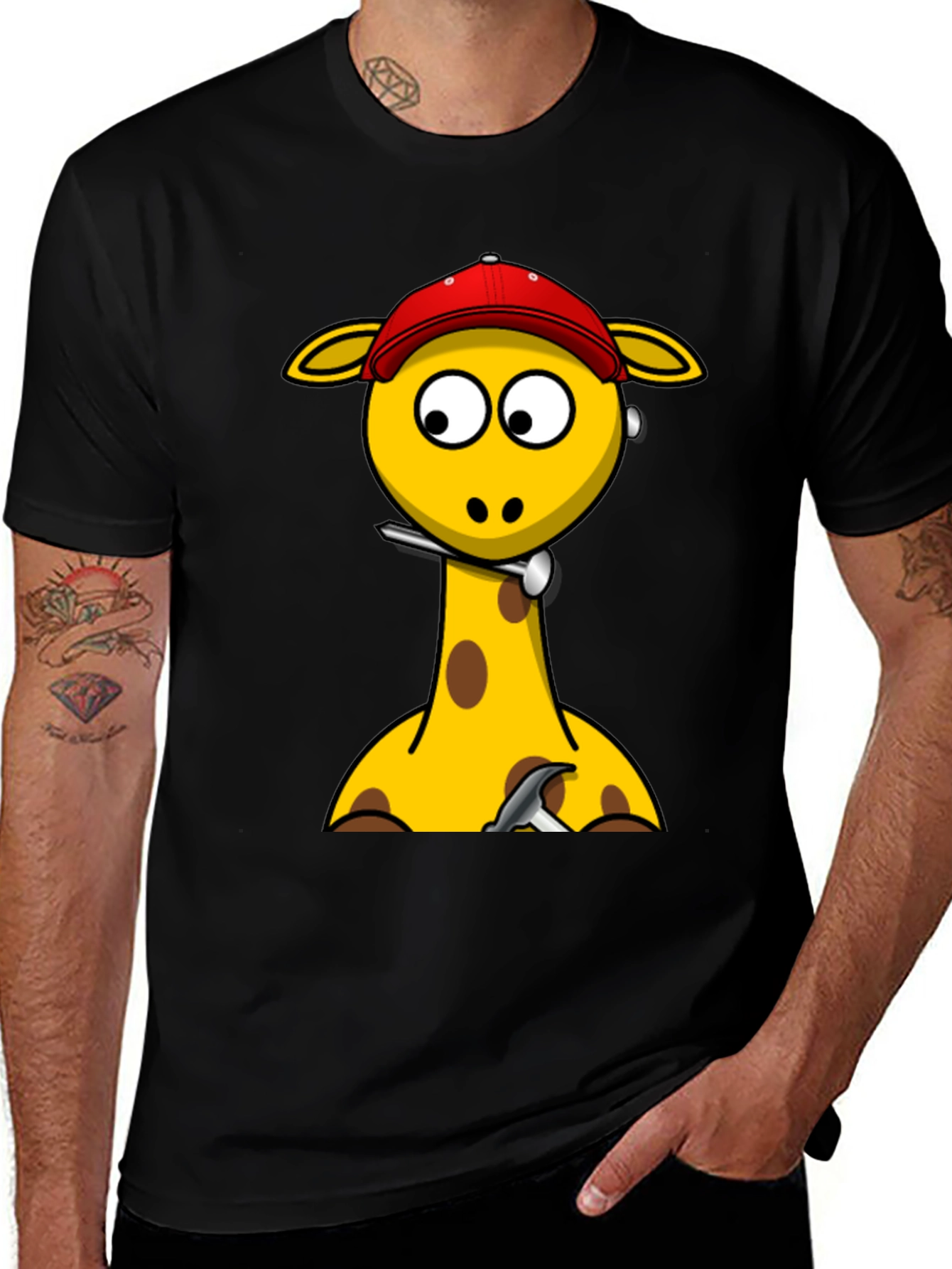 Giraffe Cartoon Graphic T-Shirt - Black