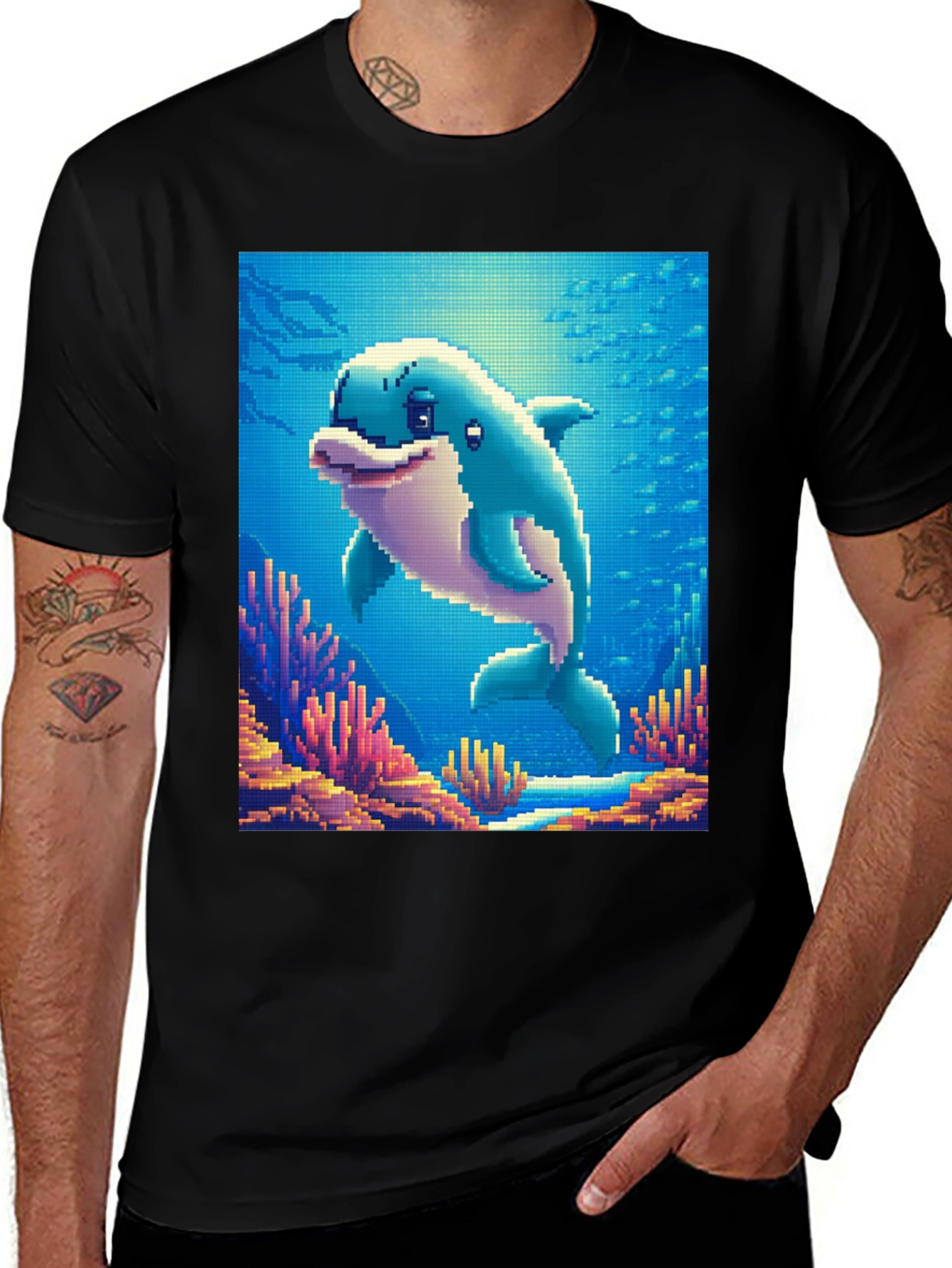 Black Pixel Dolphin Graphic Tee - Underwater Adventure Shirt main image