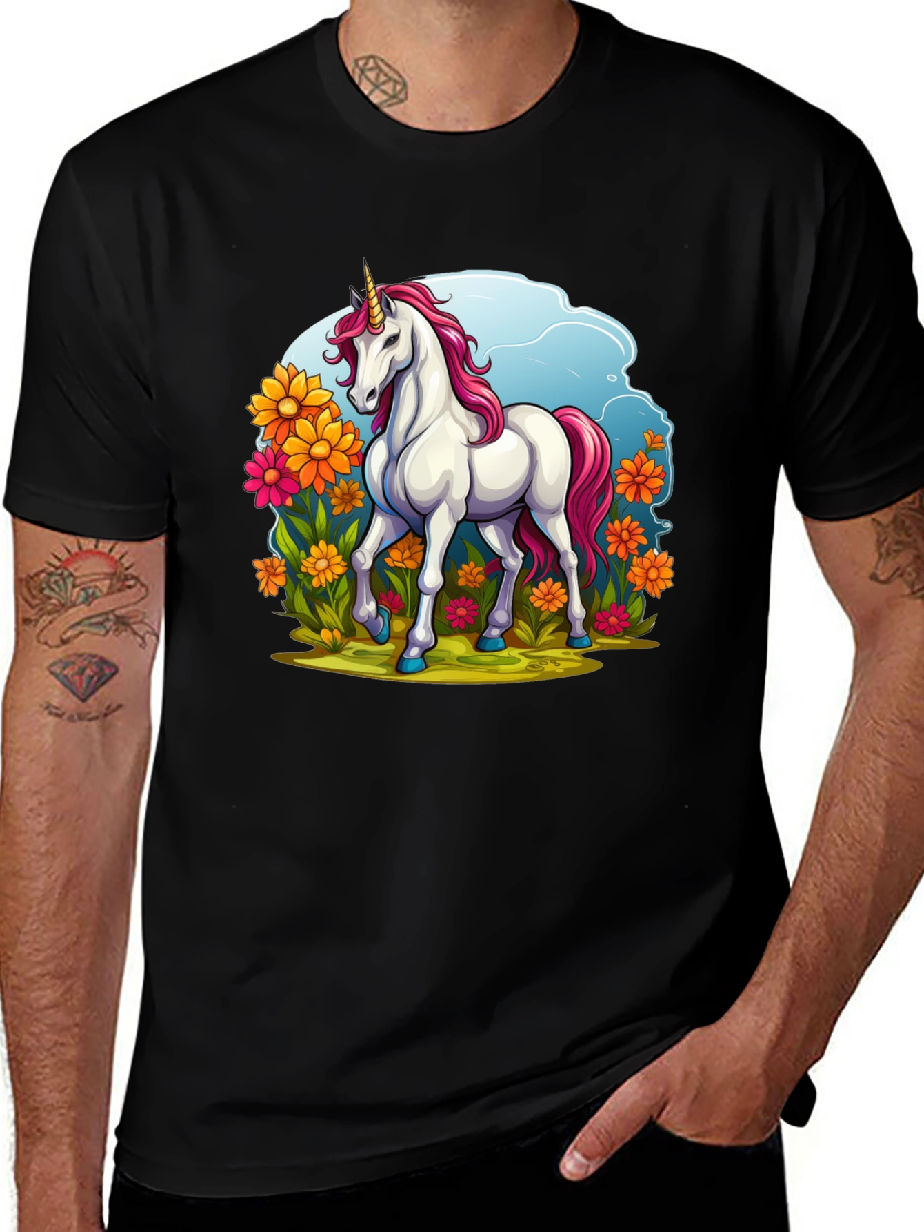 Variant 16 of Unicorn in Flowers Black T-Shirt