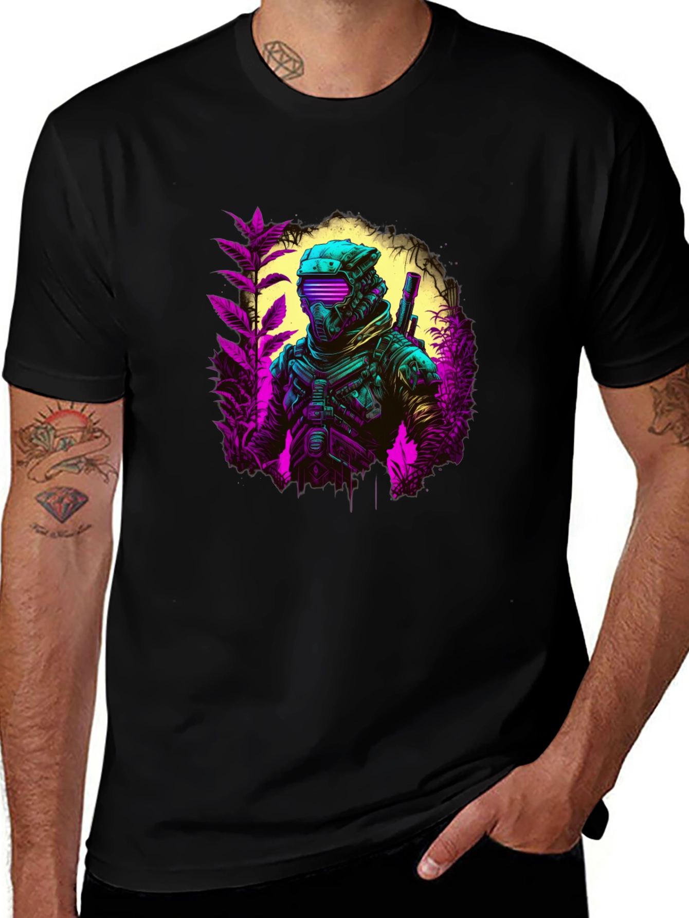 Variant 15 of Cyberpunk Warrior Graphic Tee - Black Cotton T-Shirt