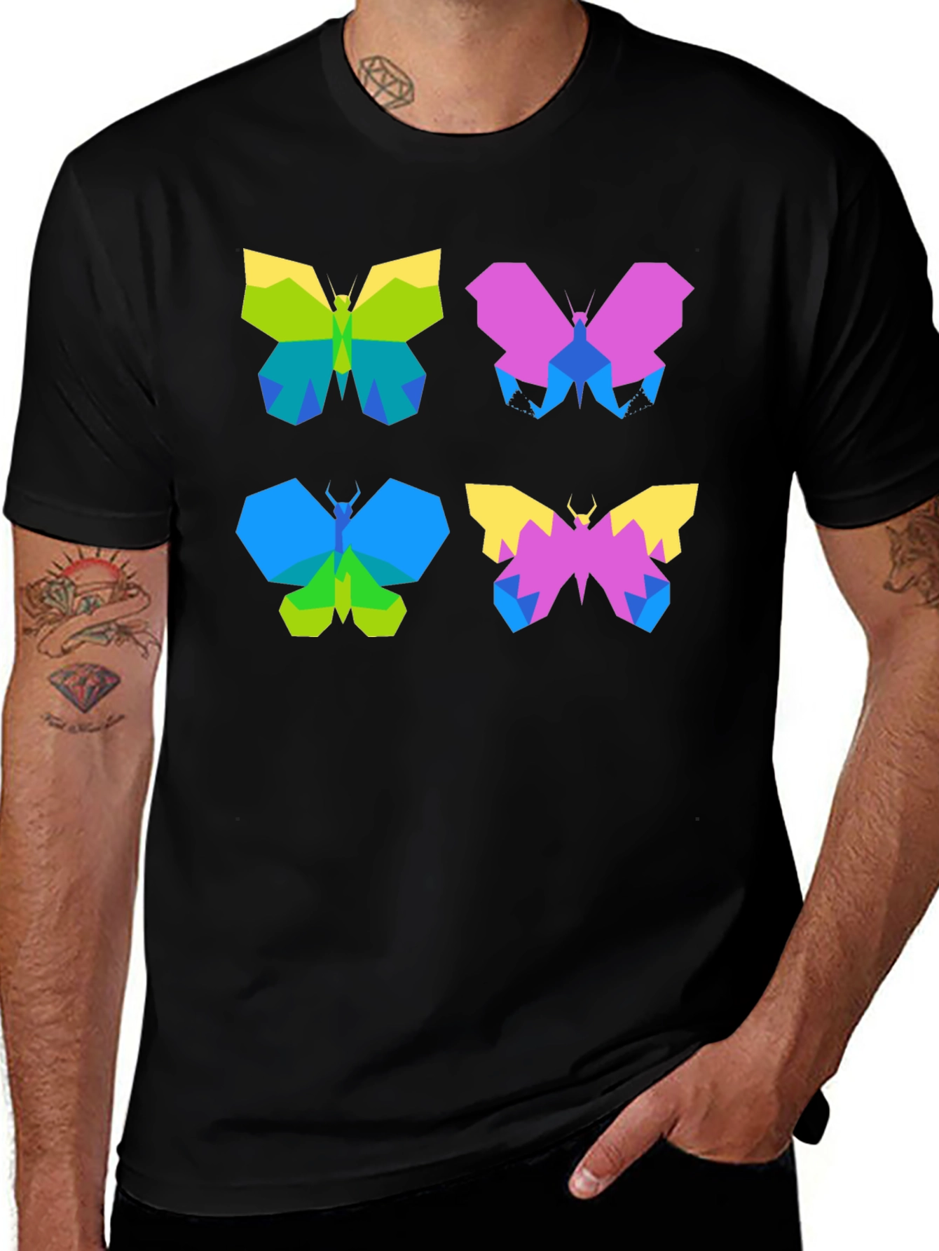 Variant 16 of Geometric Butterfly Print Black T-Shirt