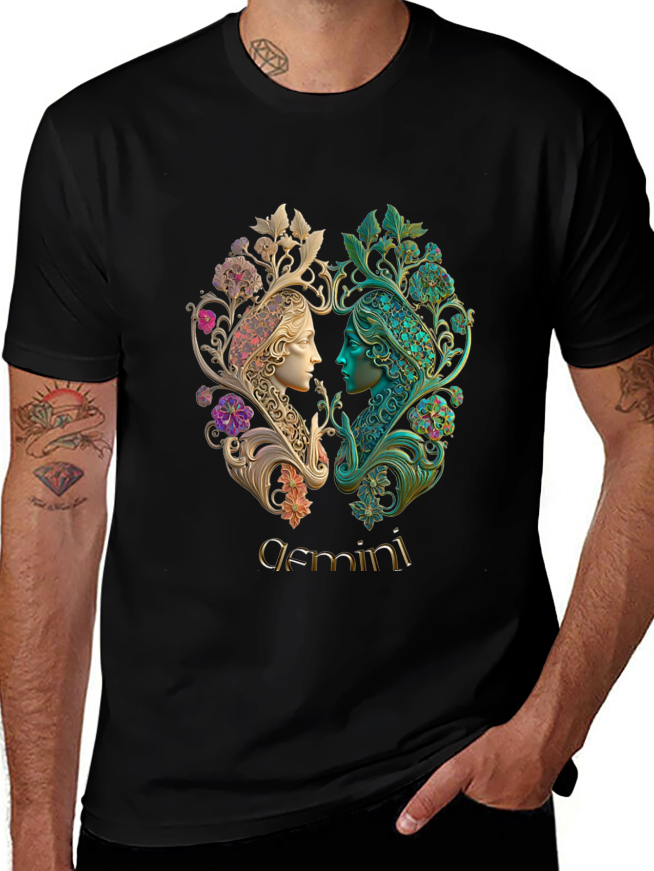 Gemini Zodiac T-Shirt Art Nouveau Style