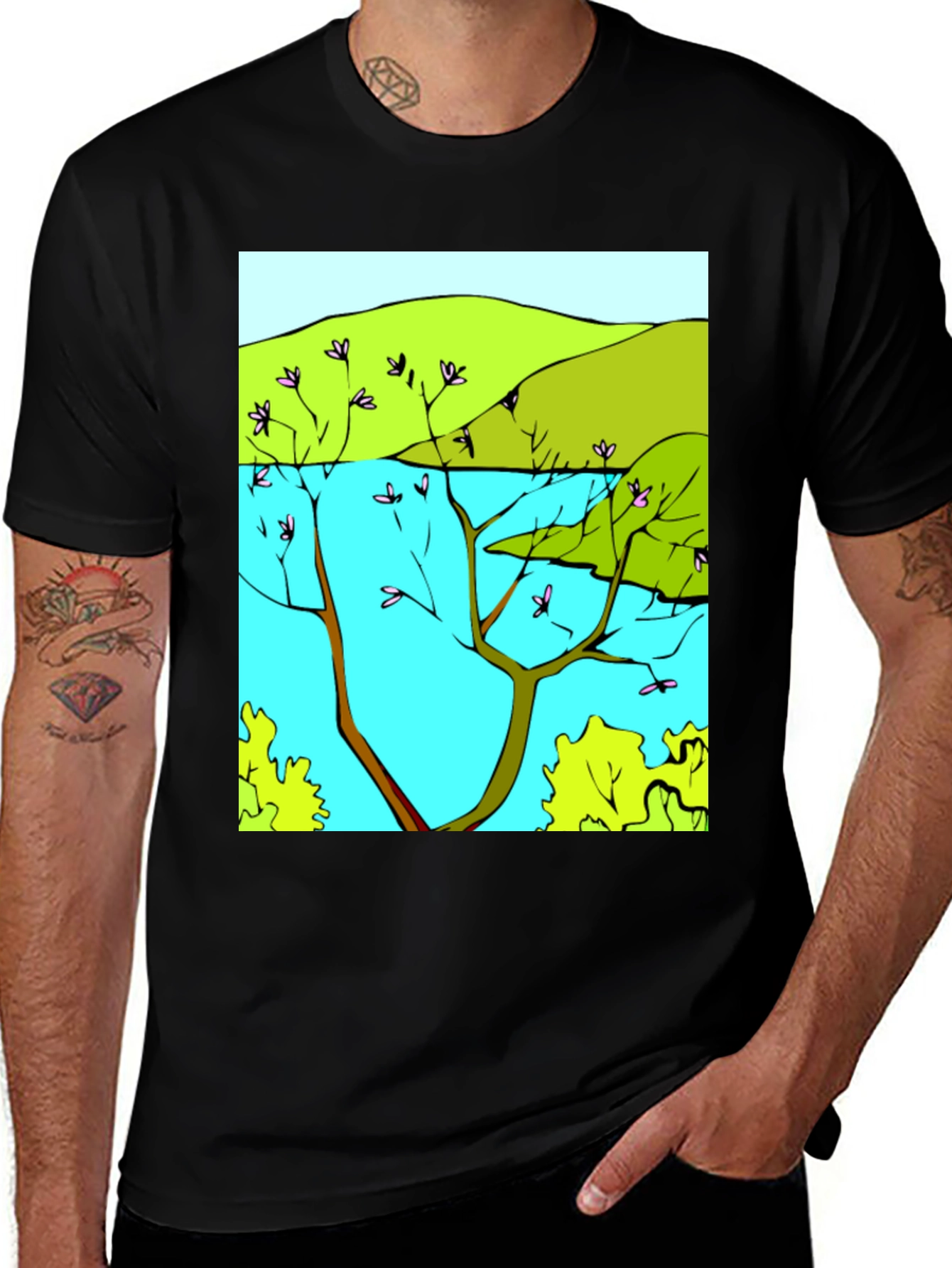 Nature Scene Graphic T-Shirt - Stylish Black Tee