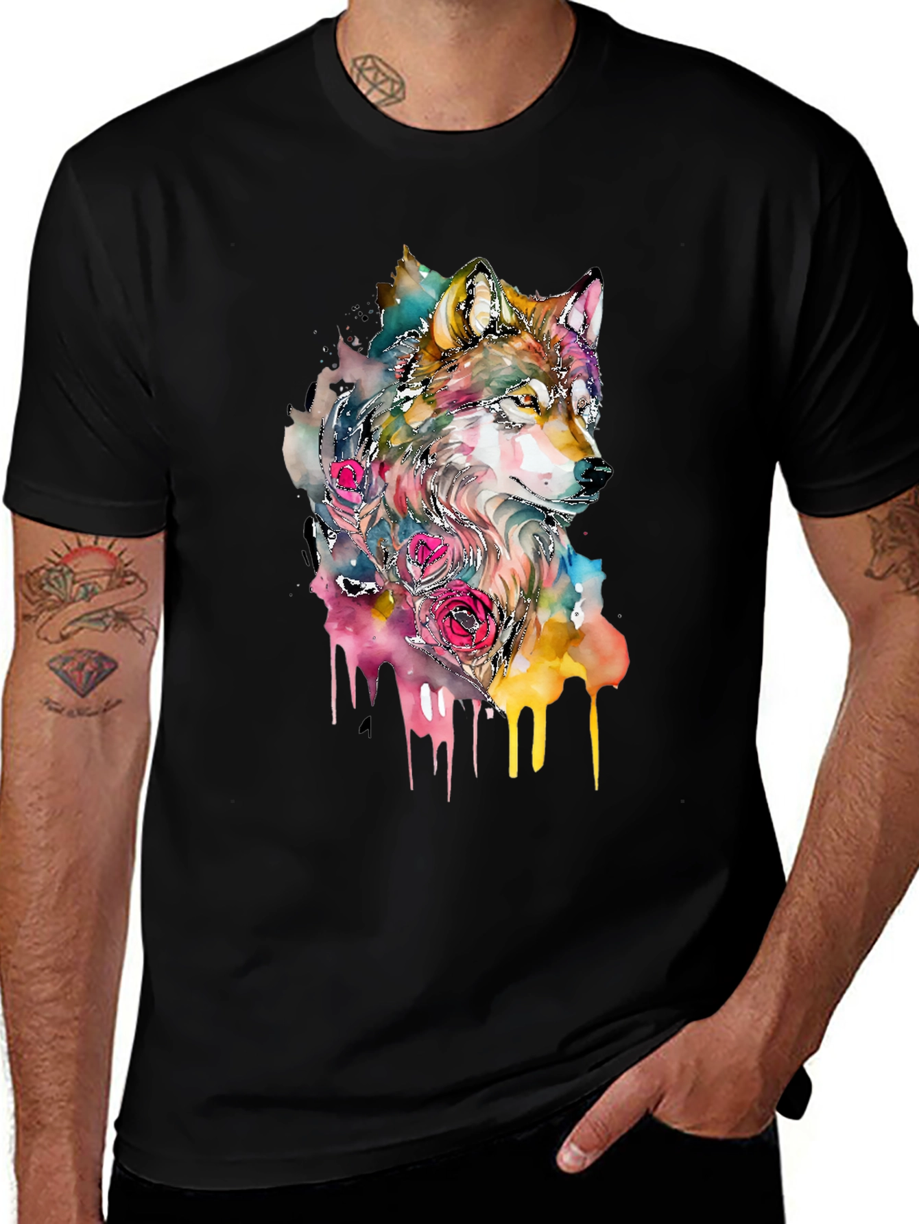 Variant 26 of Wolf Watercolor Graphic Black T-Shirt