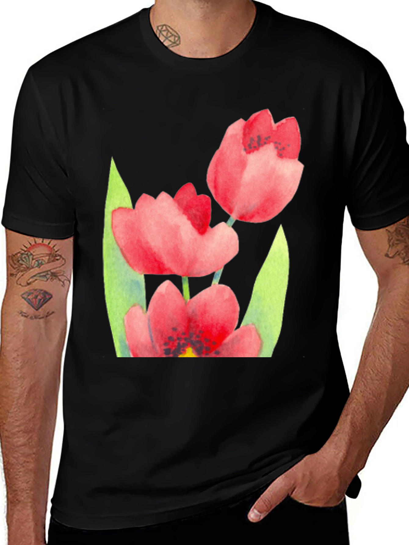 Variant 11 of Floral Print Black T-Shirt - Stylish Tulip Design