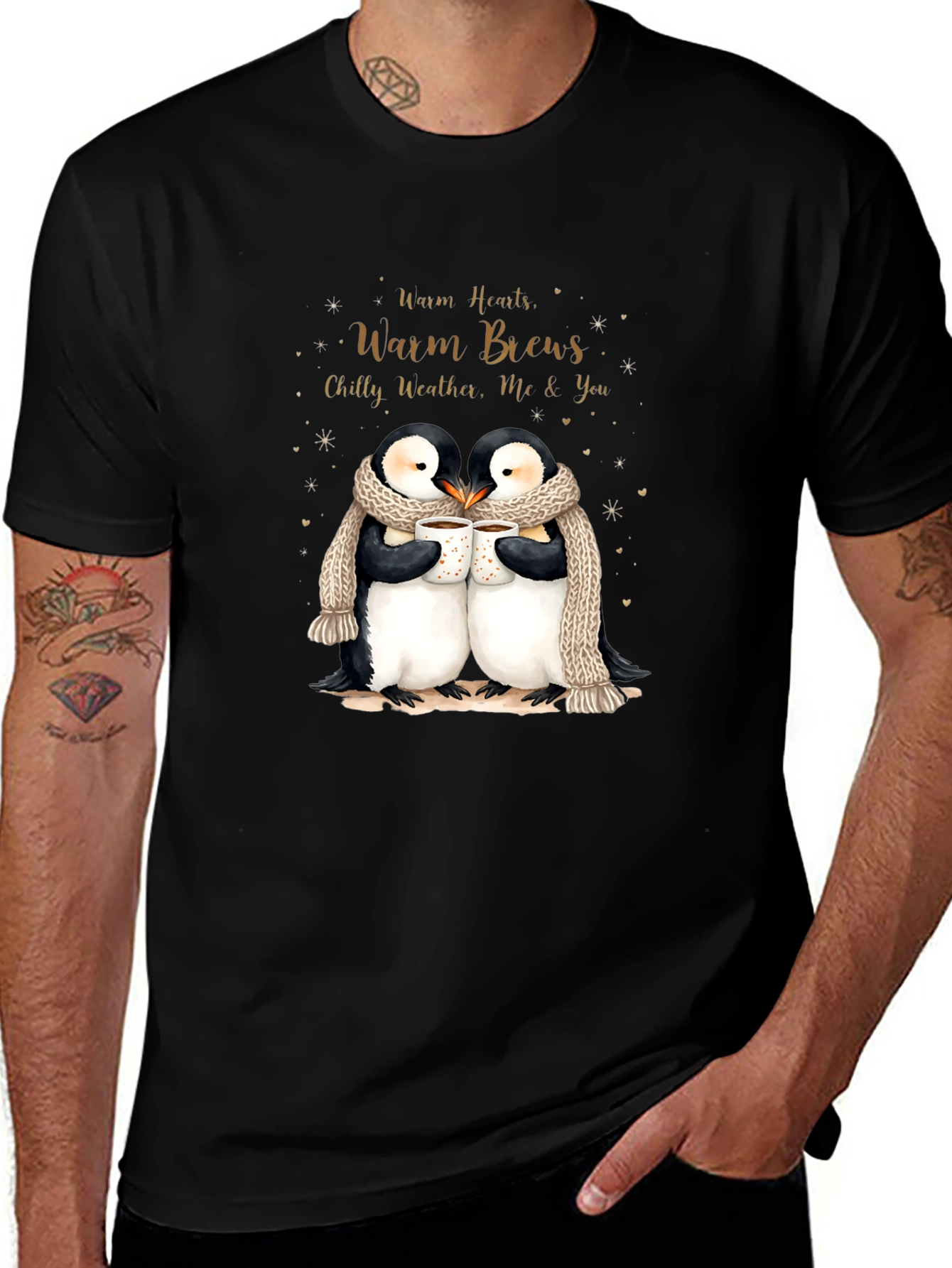 Variant 18 of Penguin Love Black T-Shirt Warm Hearts Brews
