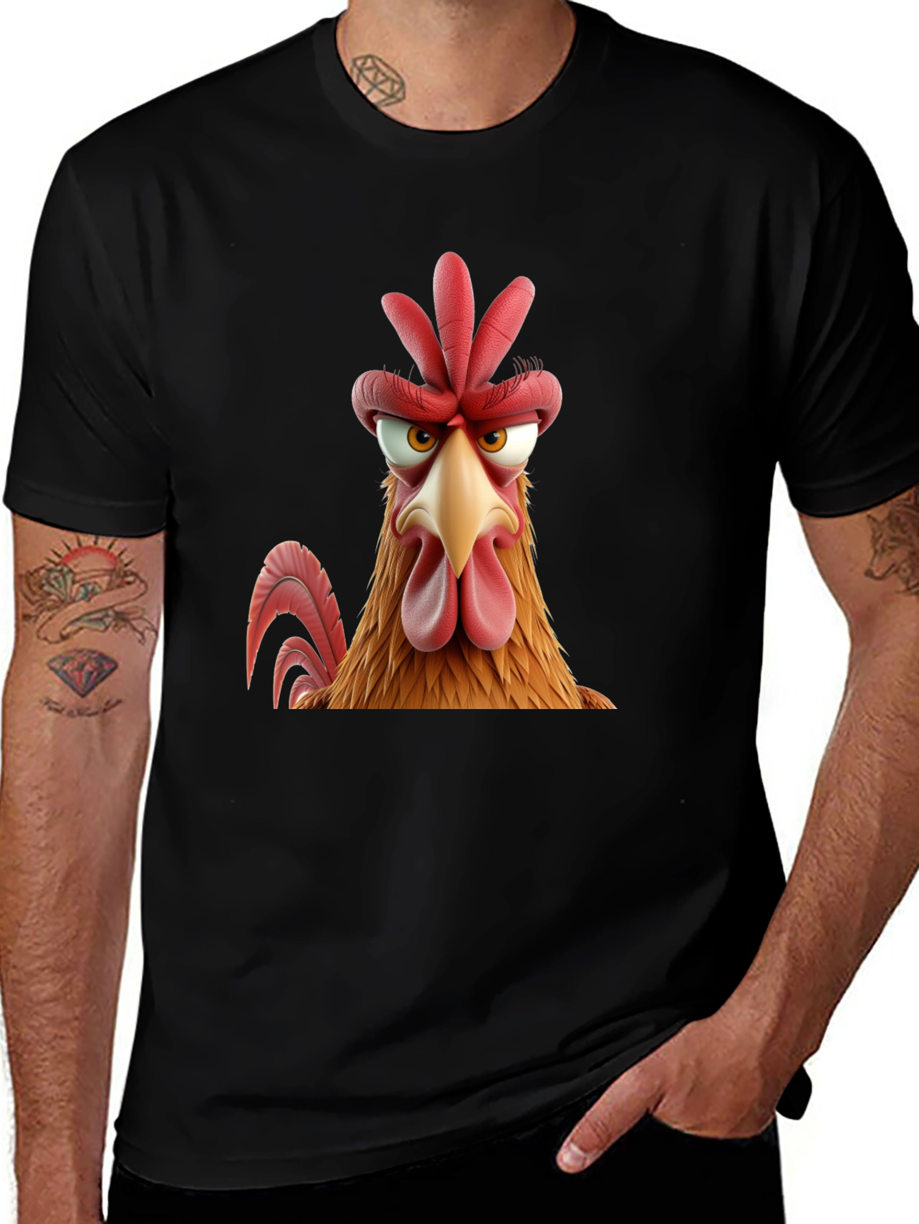 Variant 4 of Angry Chicken Cartoon Graphic Print Black T-Shirt