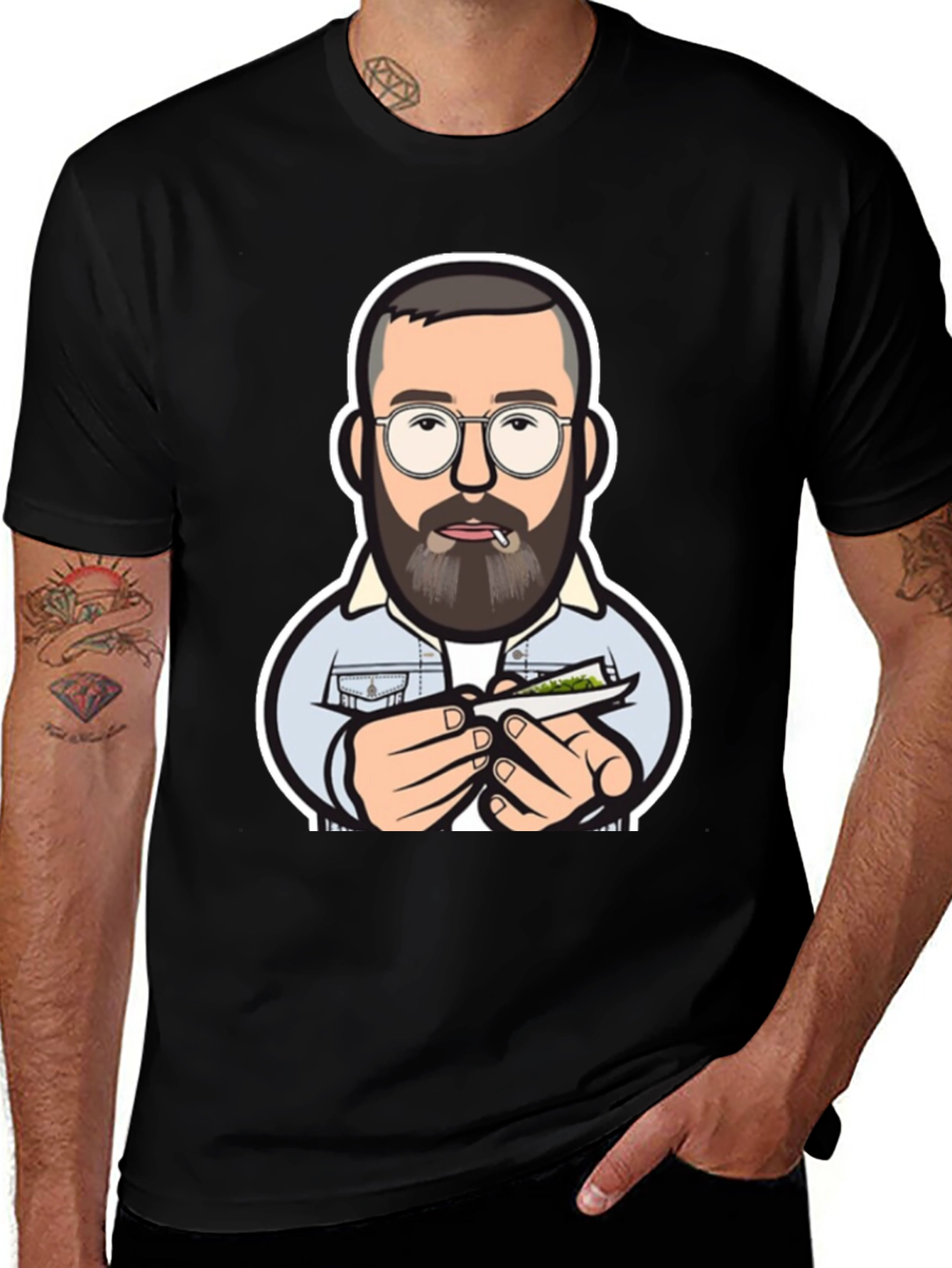 Variant 12 of Cool Cartoon Man Rolling Joint Black T-Shirt