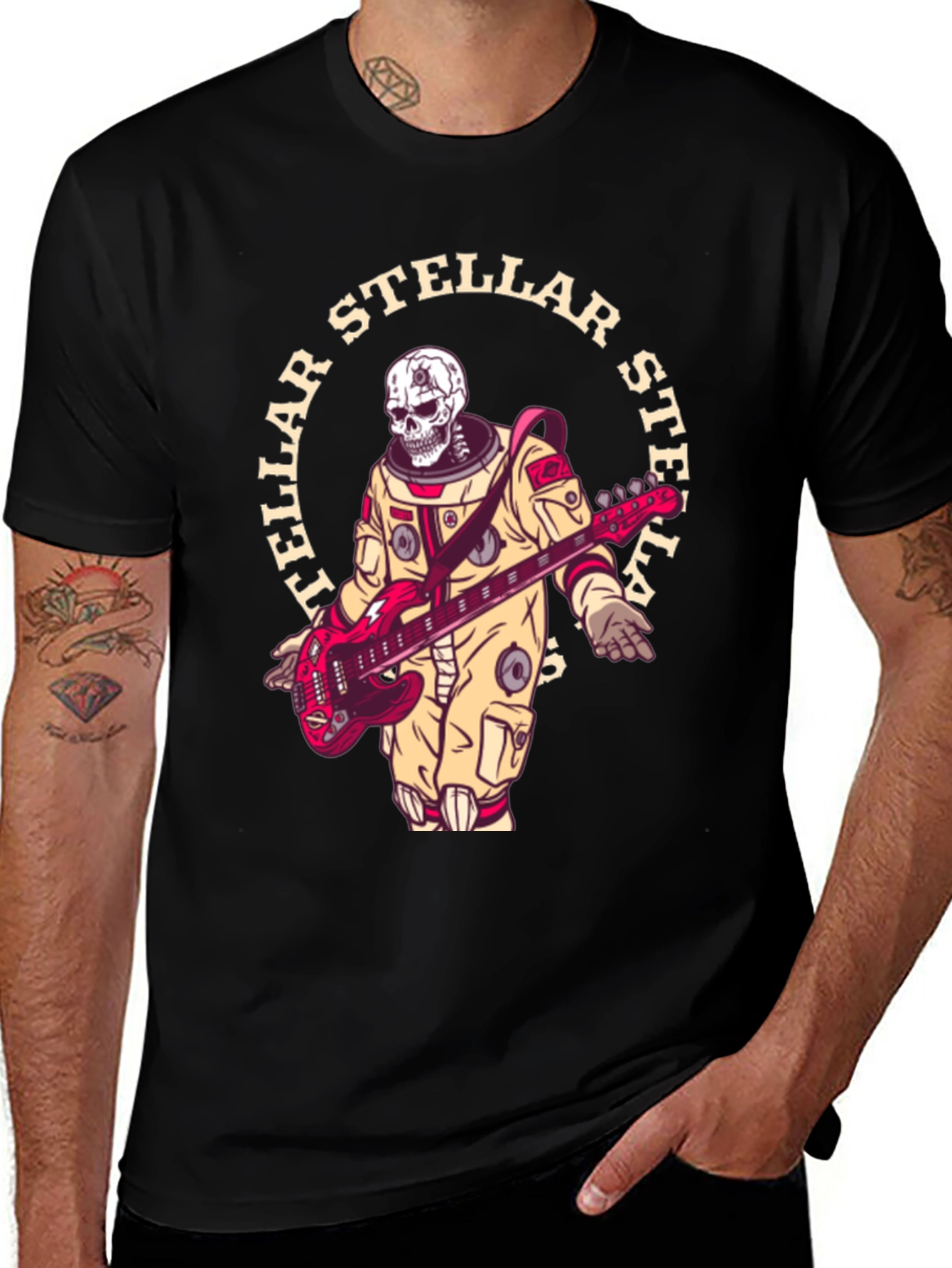 Stellar Skeleton Astronaut Guitarist Black T-Shirt