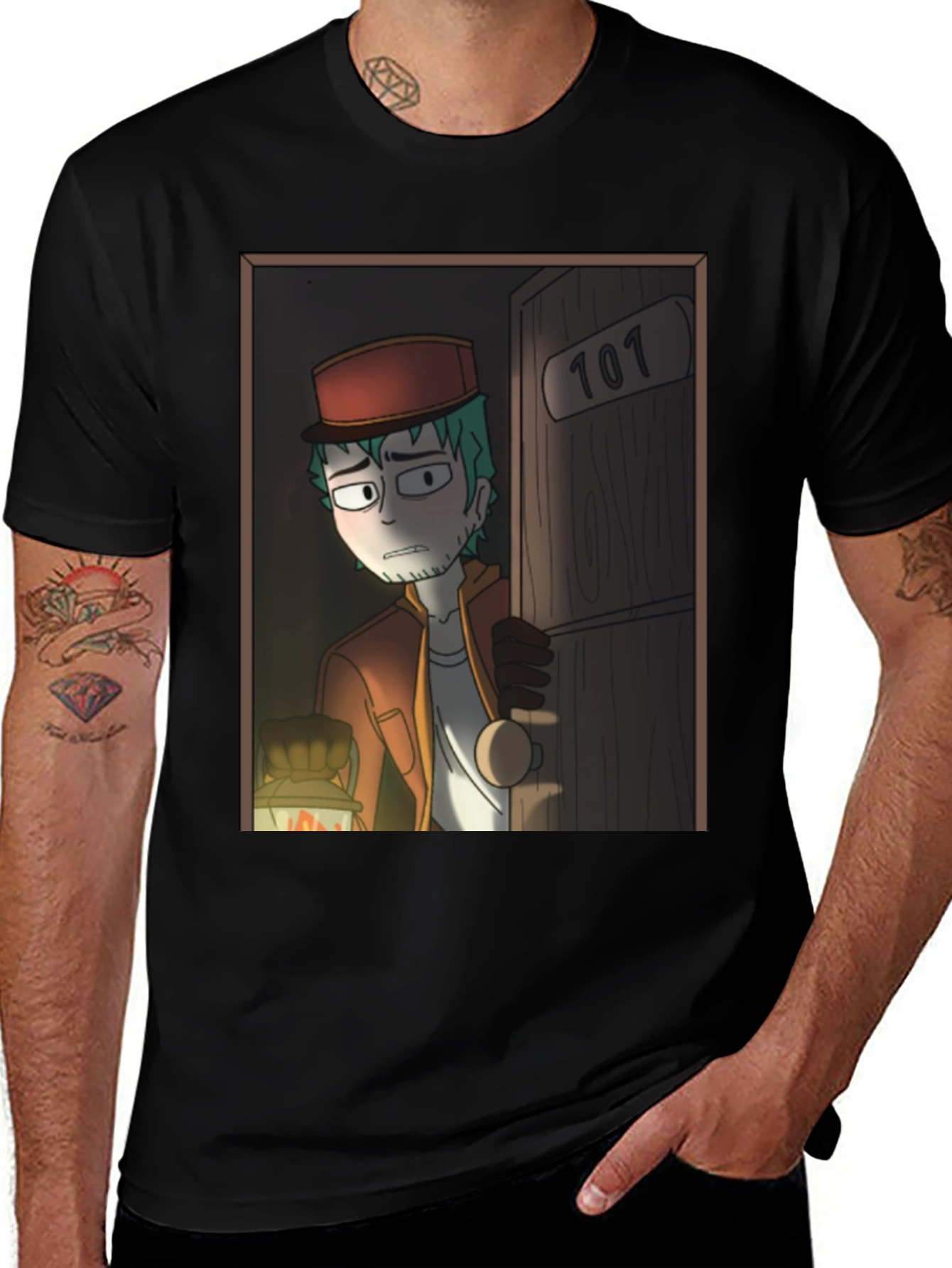 Variant 5 of Black T-Shirt with Animated Bellhop Graphic