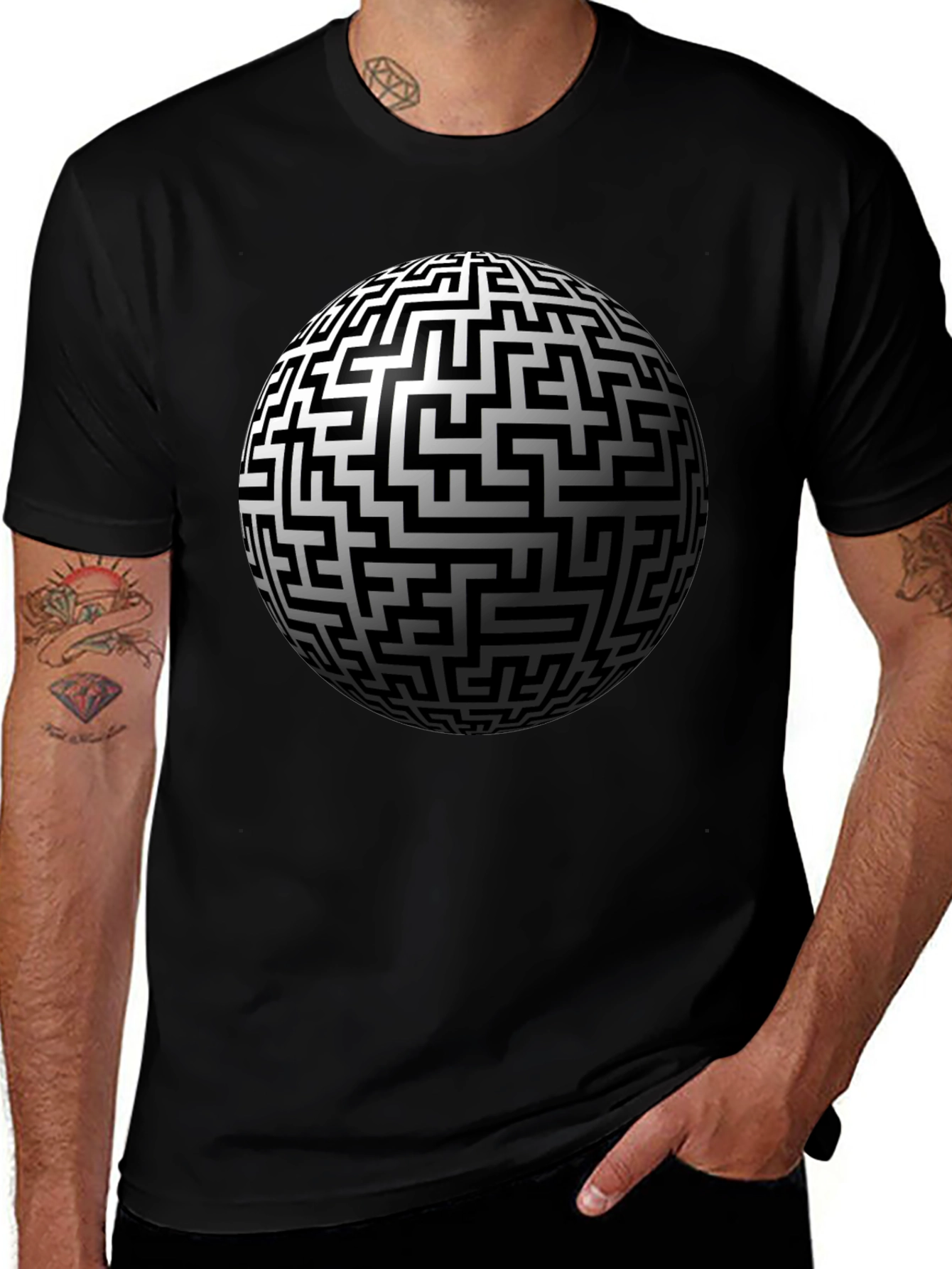 Variant 16 of Maze Sphere Graphic Tee - Black Cotton Casual Wear