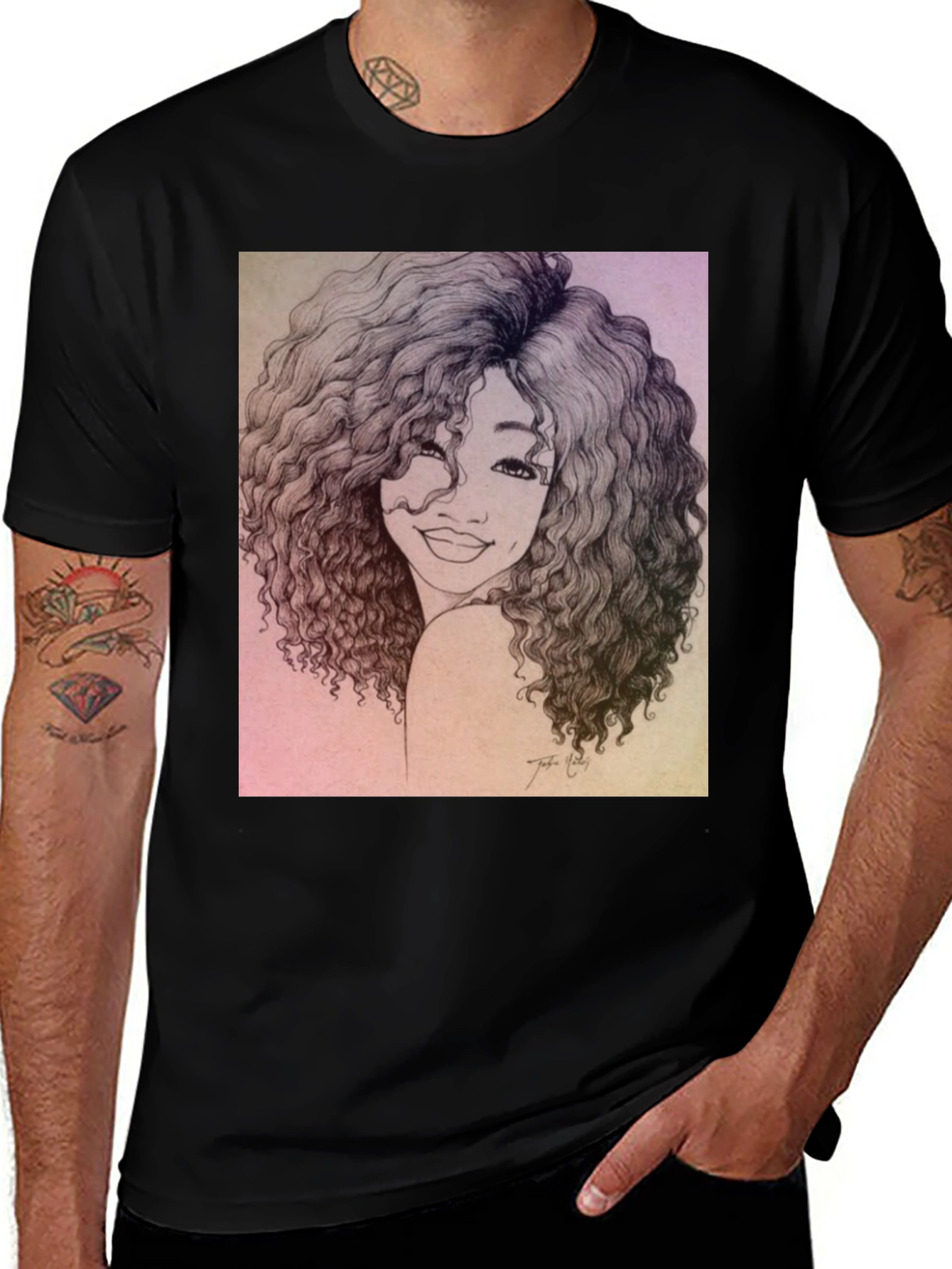 Variant 15 of Curly Haired Portrait Graphic Black T-Shirt